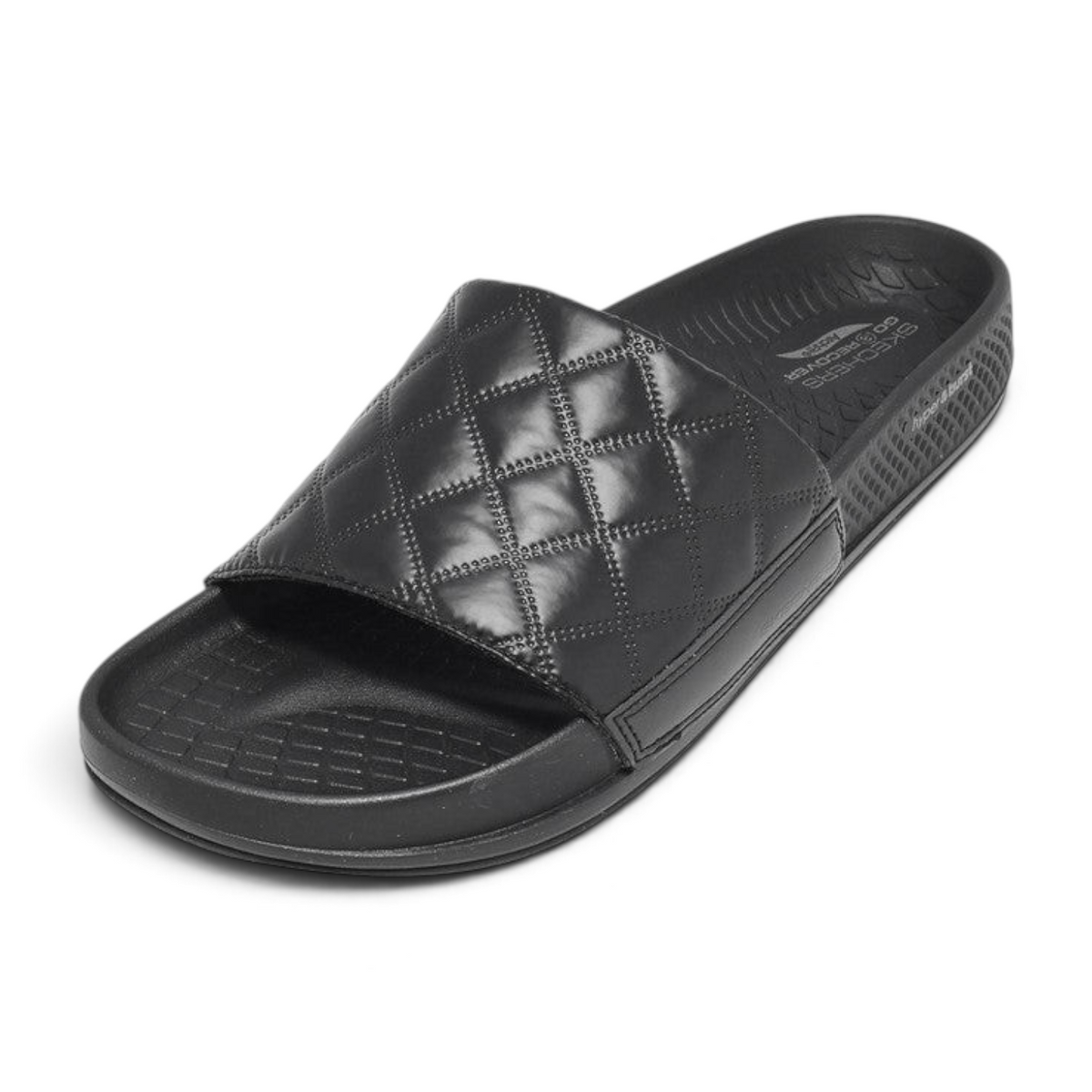 FRG Skechers Arch Fit Hyper Slide in black with a quilted strap and contoured footbed for recovery comfort