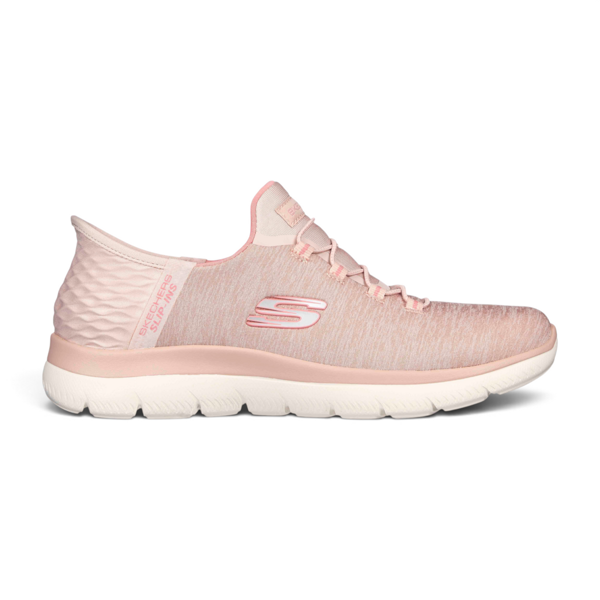 FRG Skechers Slip-ins Summits Dazzling Haze sneaker in soft pink heathered jersey knit with white cushioned sole