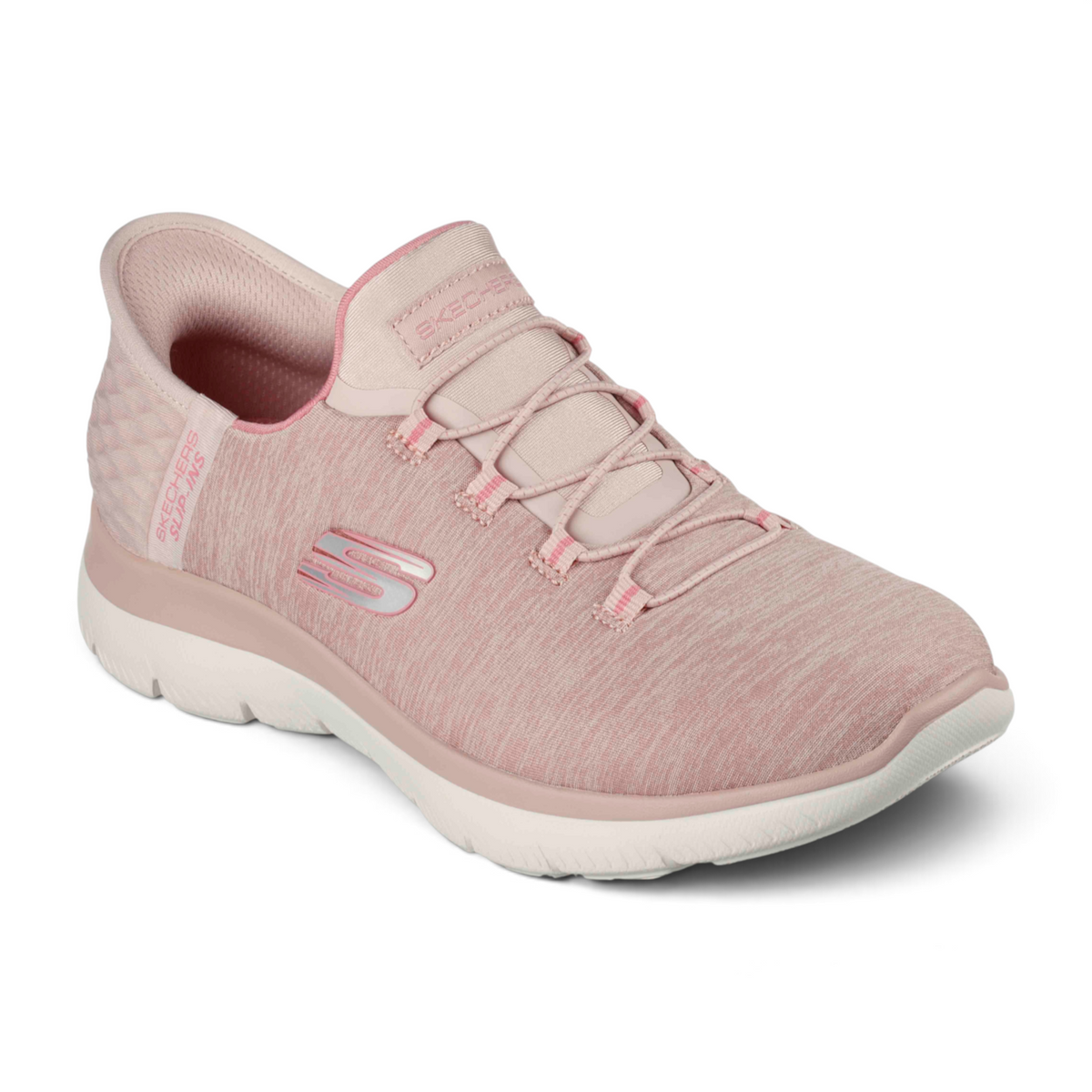 FRG Skechers Slip-ins Summits Dazzling Haze pink heathered jersey knit sneakers with white shock-absorbing midsole.