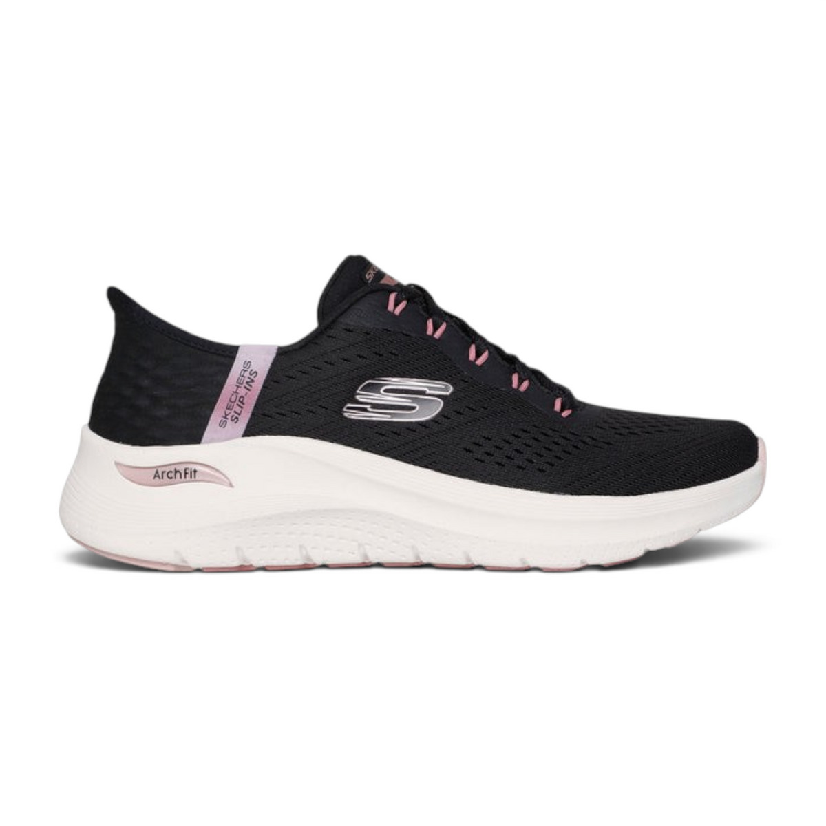 FRG Skechers Arch Fit 2.0 Easy Chic black mesh slip-in sneaker with rose pink accents and white cushioned sole