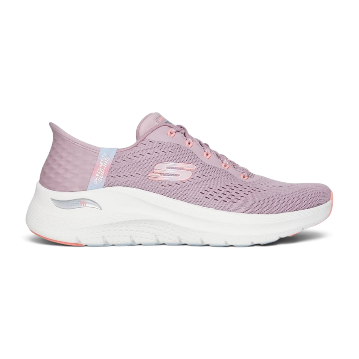 FRG Skechers Arch Fit 2.0 Easy Chic mauve slip-on sneaker with engineered mesh upper and white cushioned sole