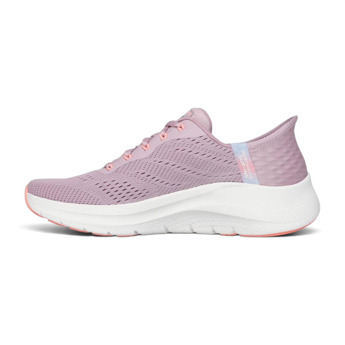 FRG Skechers Arch Fit 2.0 Easy Chic mauve slip-on sneaker with engineered mesh upper and white cushioned midsole