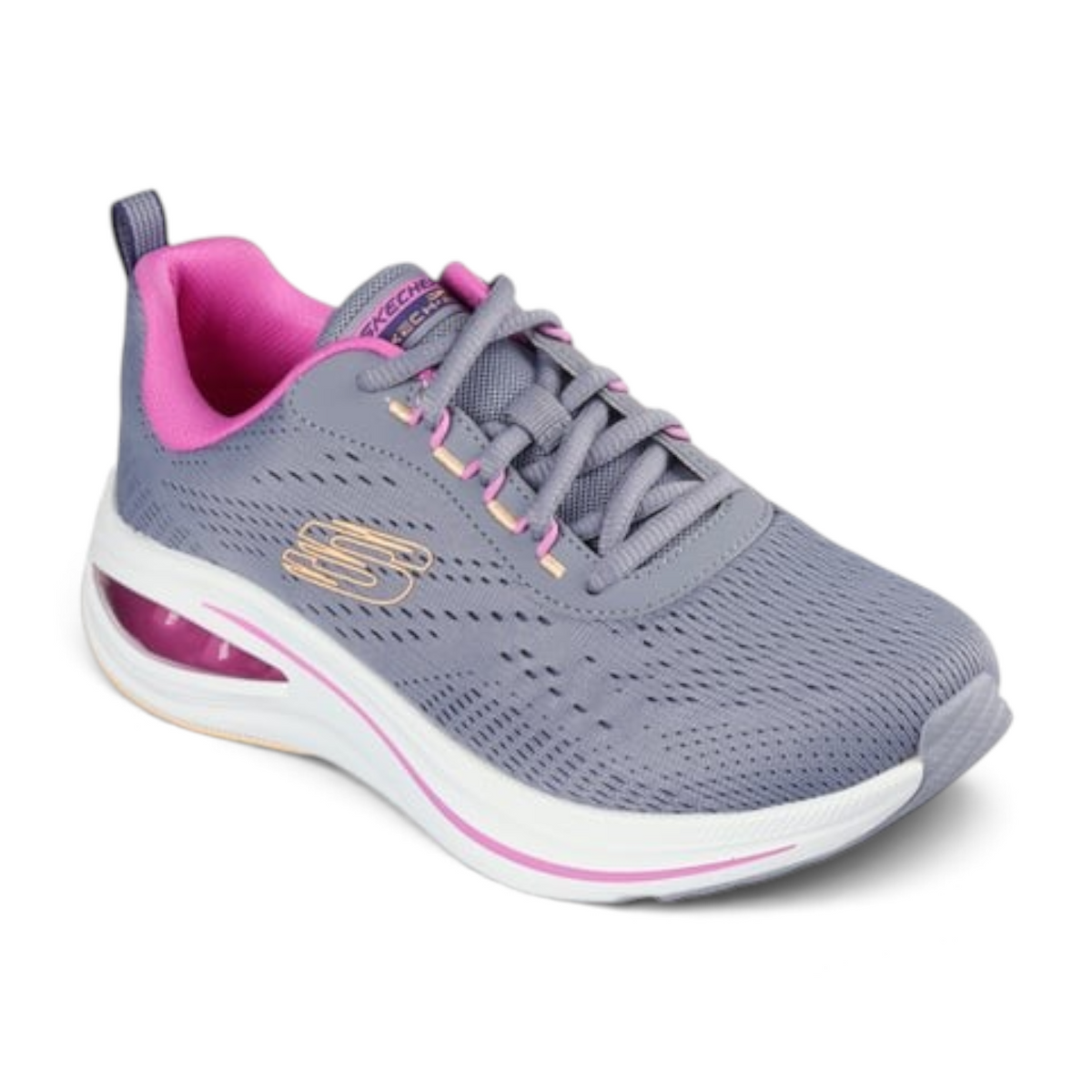 FRG Skechers Skech-Air Meta Aired Out grey and pink vegan athletic sneaker with breathable mesh and visible airbag