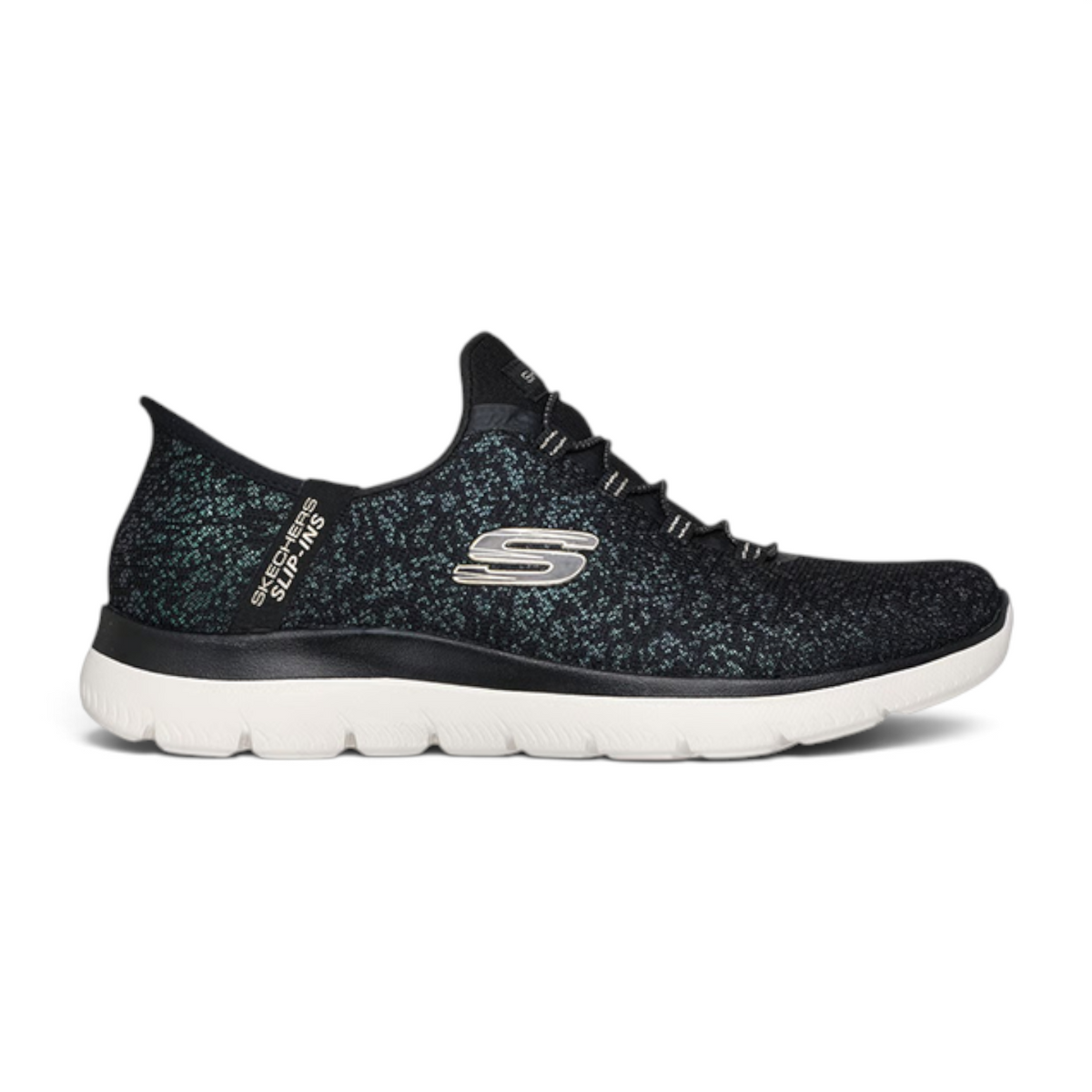 FRG Skechers Summits Lunar Glow slip-on sneakers in black with shimmering iridescent mesh and white sole