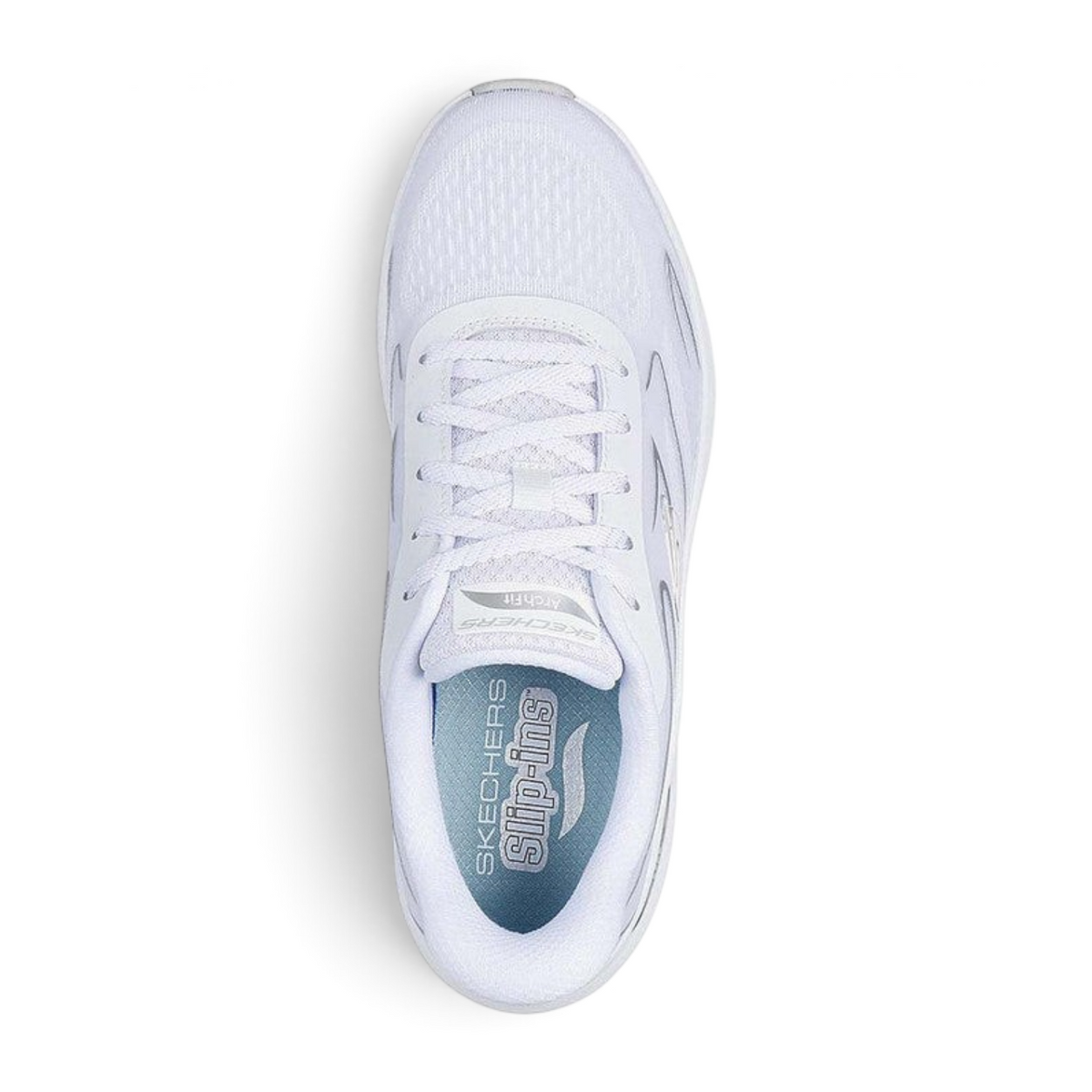 FRG Skechers Arch Fit 2.0 Sleek Stride white textile slip-in sneakers with silver accents and cushioned insoles.