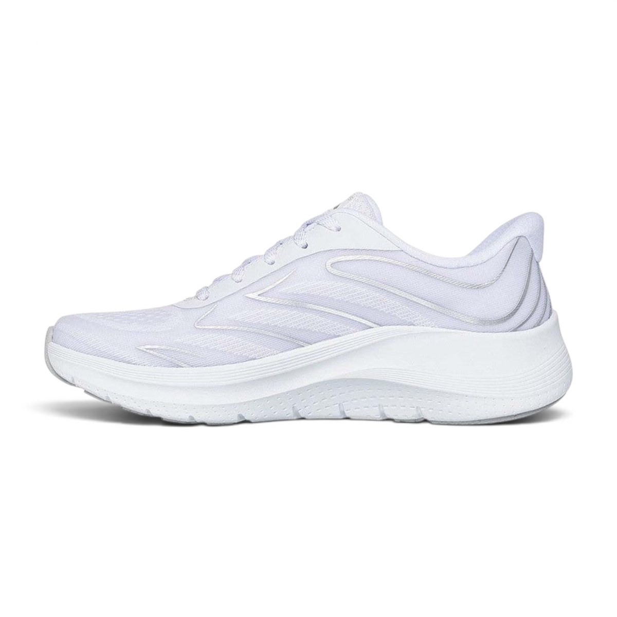 FRG Skechers Arch Fit 2.0 Sleek Stride white and silver breathable textile slip-in walking sneaker, side profile view.