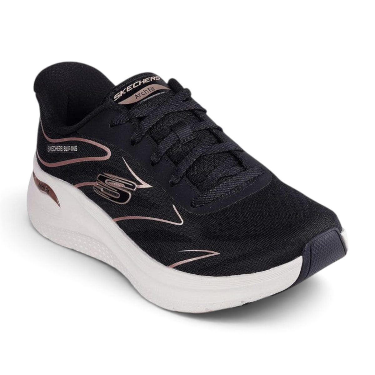 FRG Skechers Arch Fit 2.0 Sleek Stride black and rose lace-up sneaker with engineered mesh and cushioned midsole