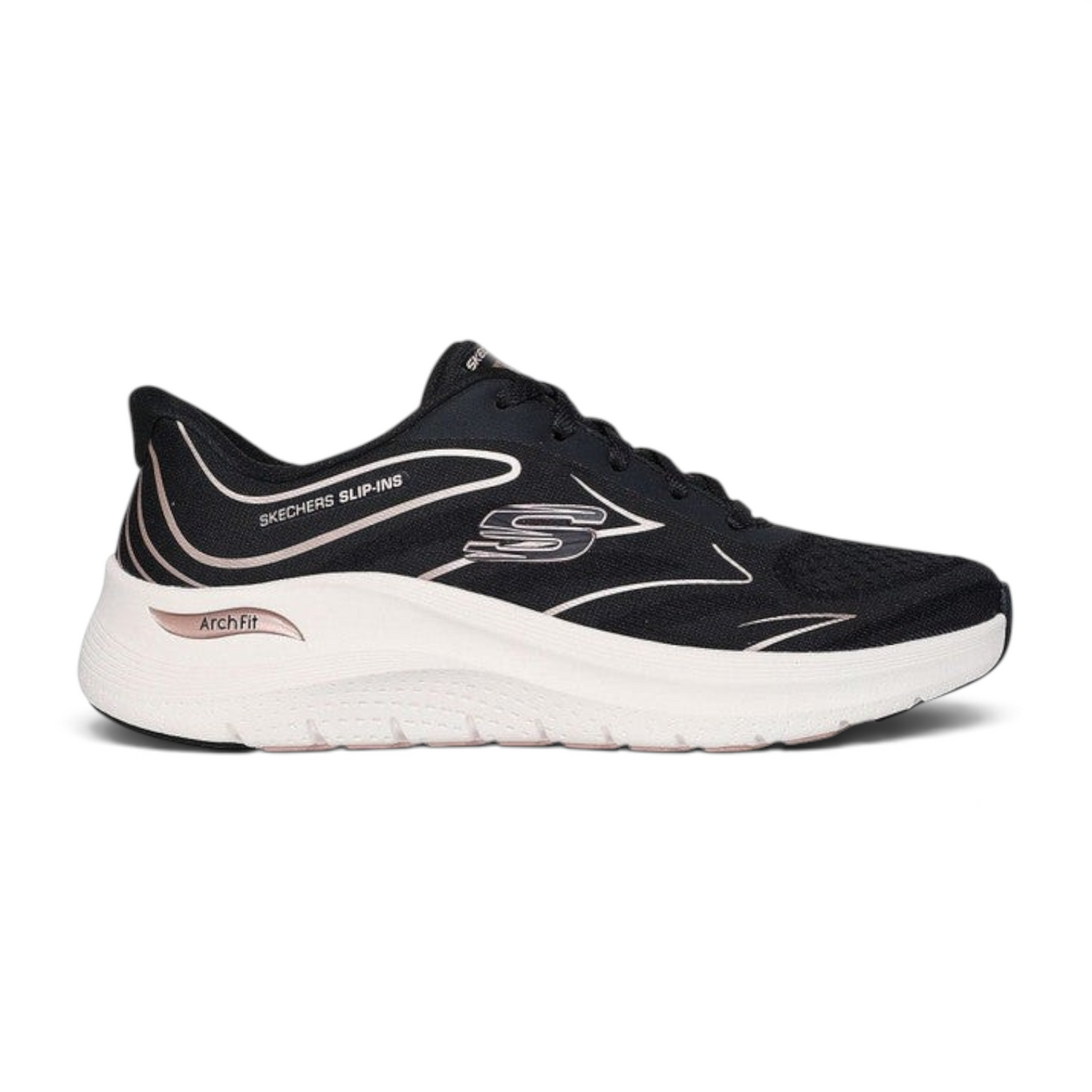 FRG Skechers Arch Fit 2.0 Sleek Stride black and rose gold lace-up sneaker with engineered mesh and cushioned midsole