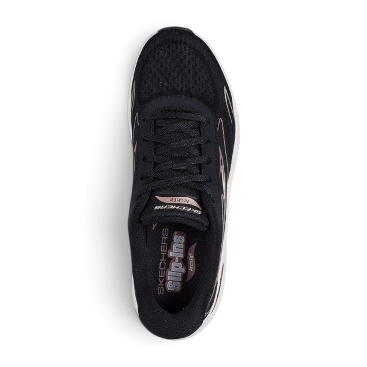 FRG Skechers Arch Fit 2.0 Sleek Stride black mesh lace-up sneaker with rose gold accents, top-down view.