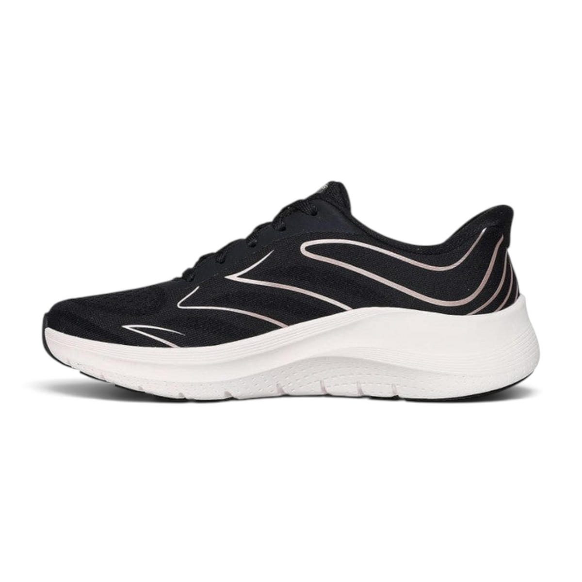 FRG Skechers Arch Fit 2.0 Sleek Stride black and rose lace-up sneaker with engineered mesh and white cushioned midsole