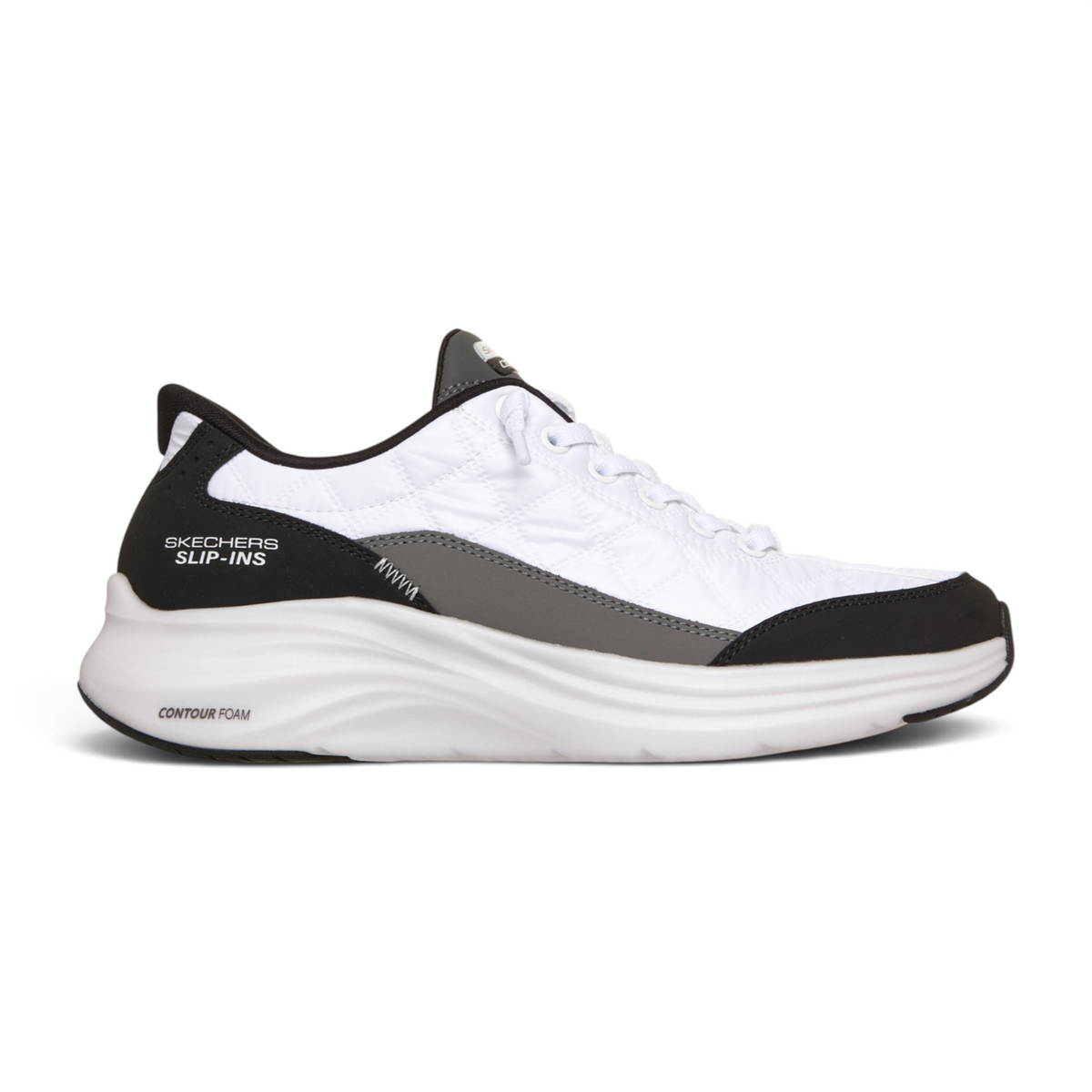 FRG Skechers Sports Cozy Fit Slip-Ins sneakers in white and black with quilted texture and Contour Foam sole
