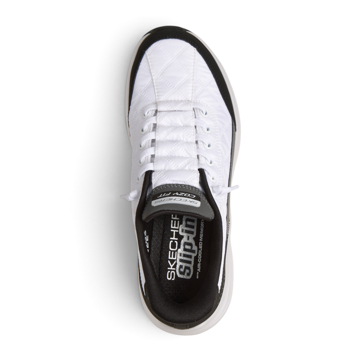 FRG Skechers Sports Cozy Fit white and black slip-in sneakers with quilted texture and air-cooled memory foam