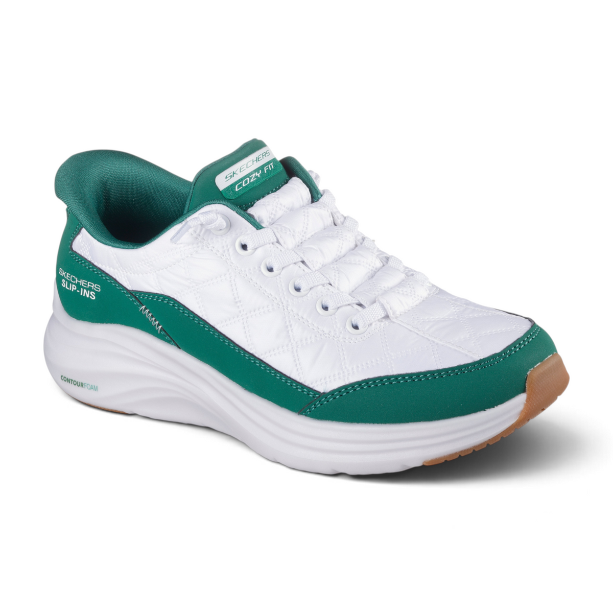 FRG Skechers Sports Cozy Fit Slip-Ins sneakers in white and green with a quilted upper and thick white foam sole.
