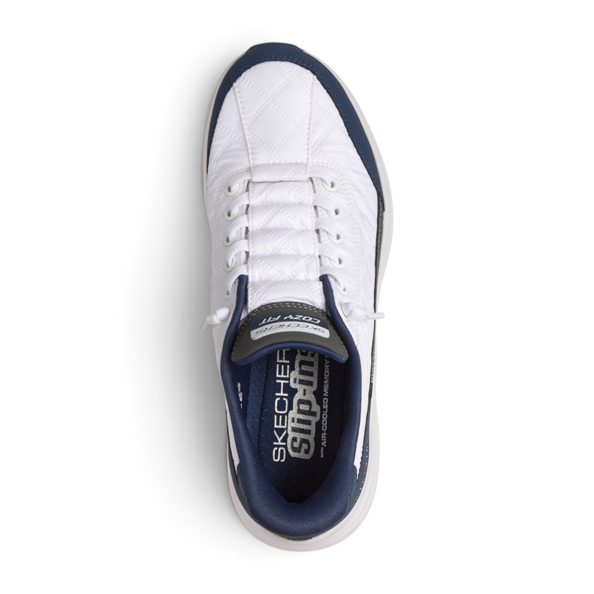 FRG Skechers Sports Cozy Fit slip-in sneakers in white and navy with a cushioned interior and quilted upper design