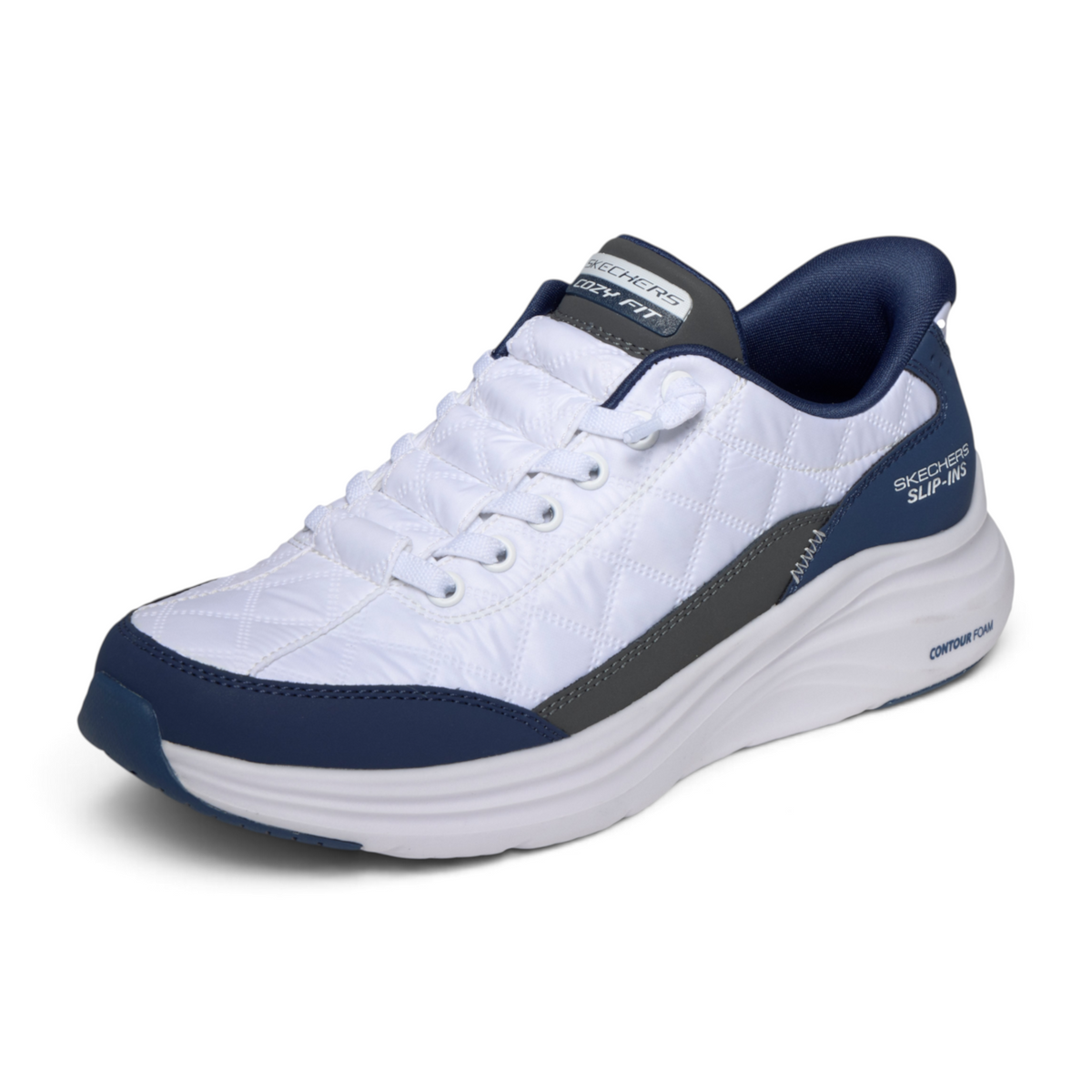 FRG Skechers Sports Cozy Fit white and navy quilted slip-in sneakers with cushioned contour foam soles.