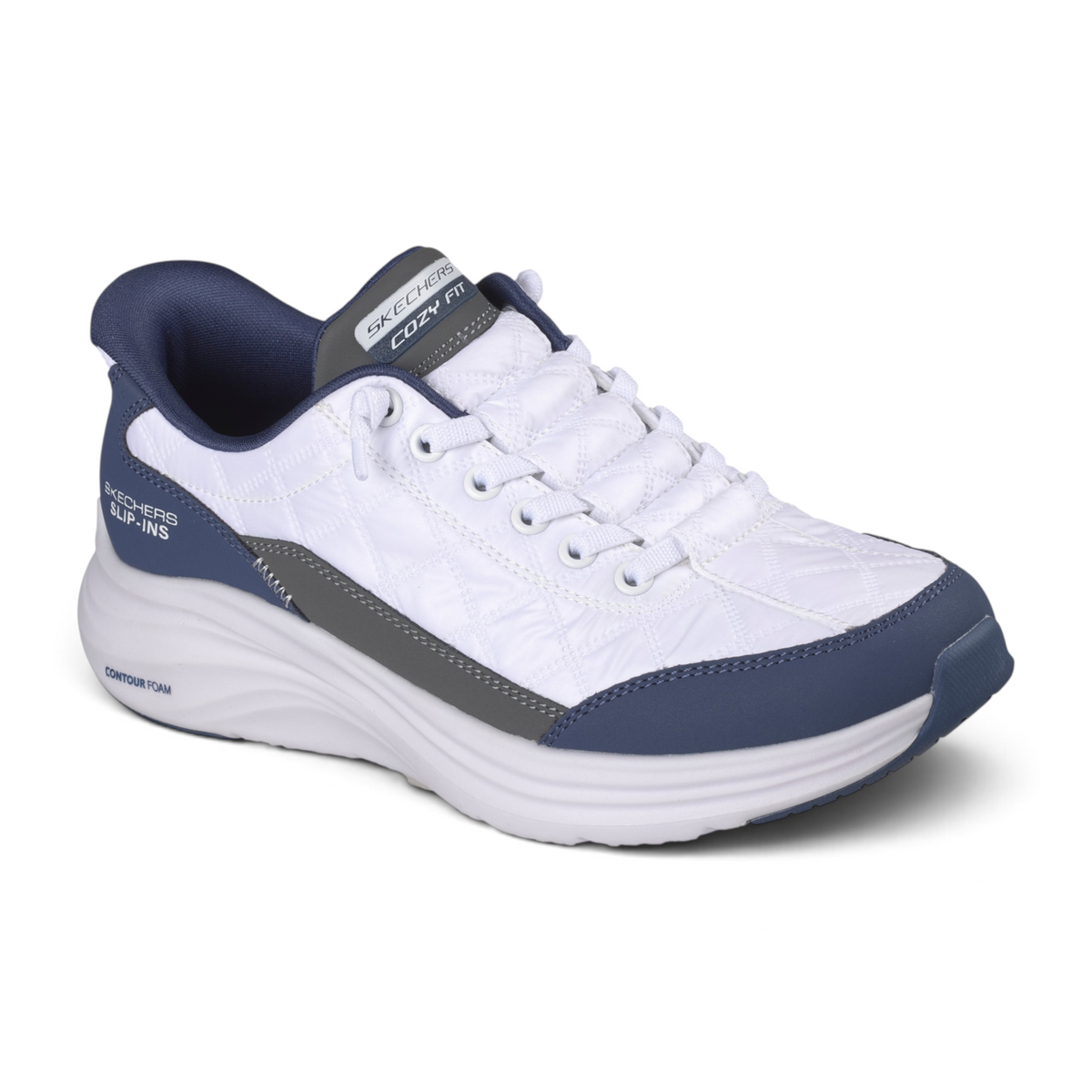 FRG Skechers Sports Cozy Fit slip-in sneakers in white and navy with quilted upper and cushioned contour foam sole