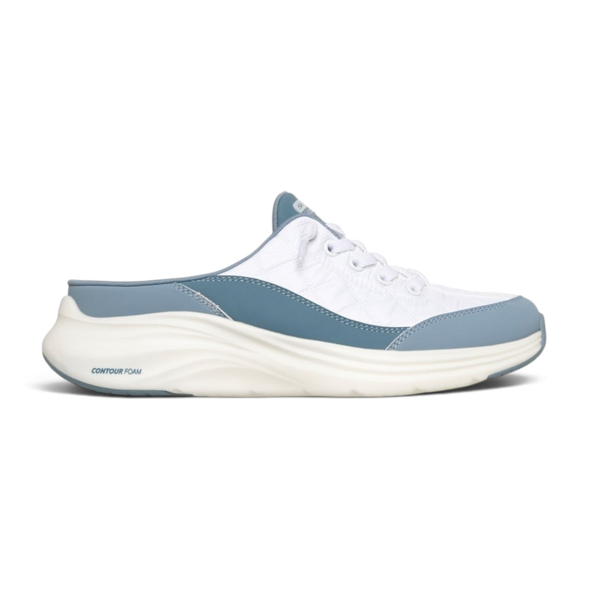 FRG Skechers Sports Cozy Fit open-back sneaker in white and light blue with contoured foam sole