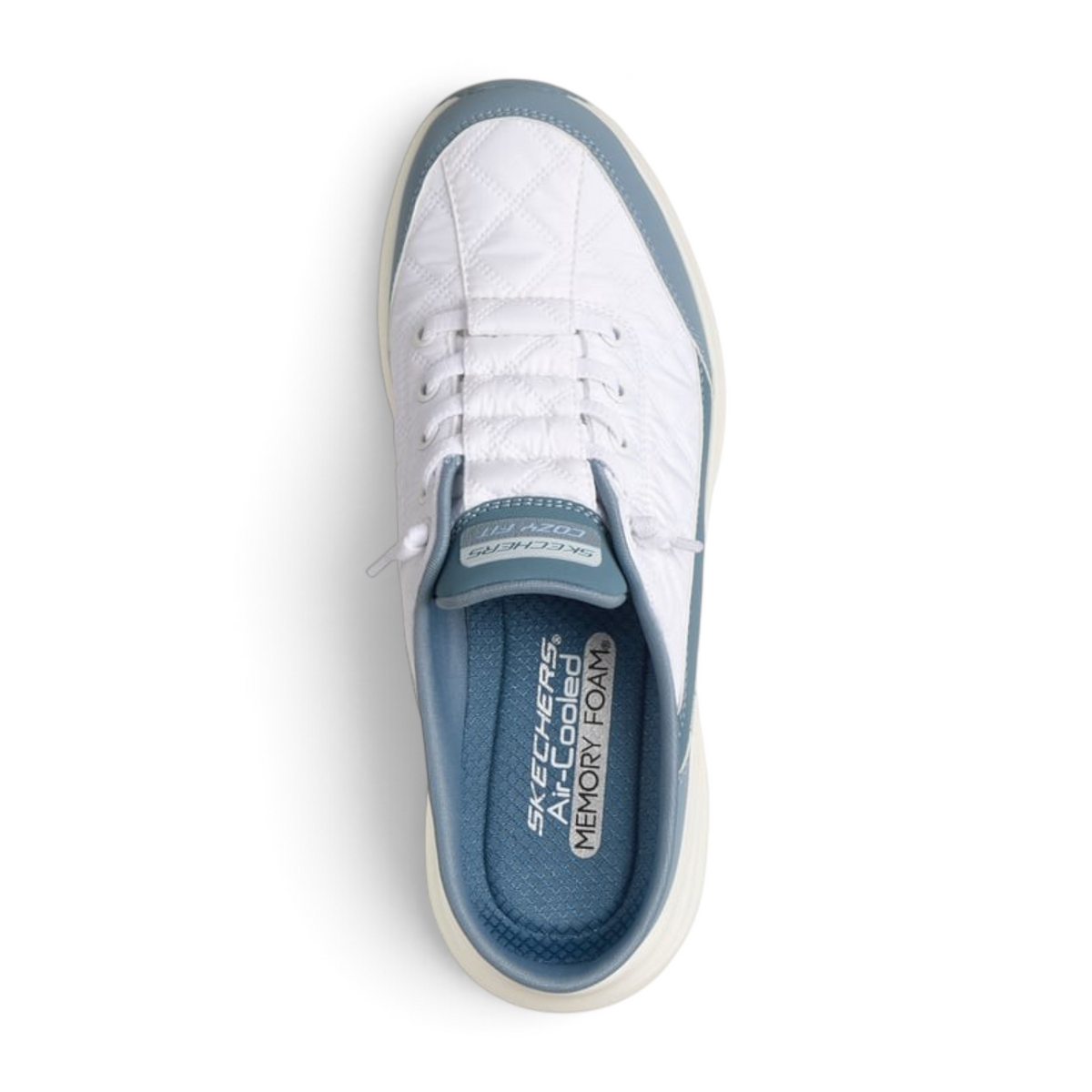 FRG Skechers Sports Cozy Fit open-back sneaker in white and light blue with quilted detailing and memory foam insole