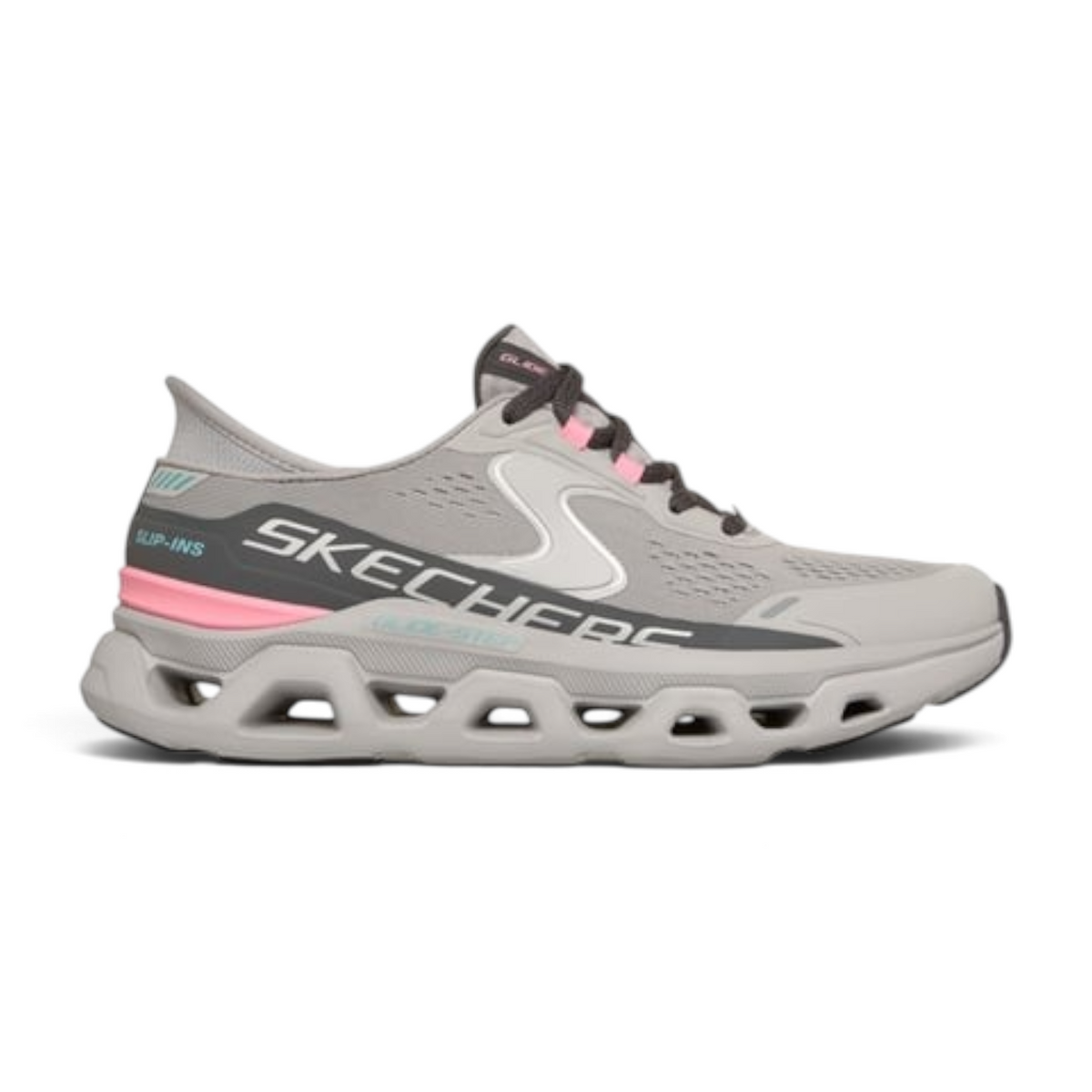FRG GLIDE-STEP ALTUS grey athletic sneaker with pink accents and a unique geometric cushioned sole design