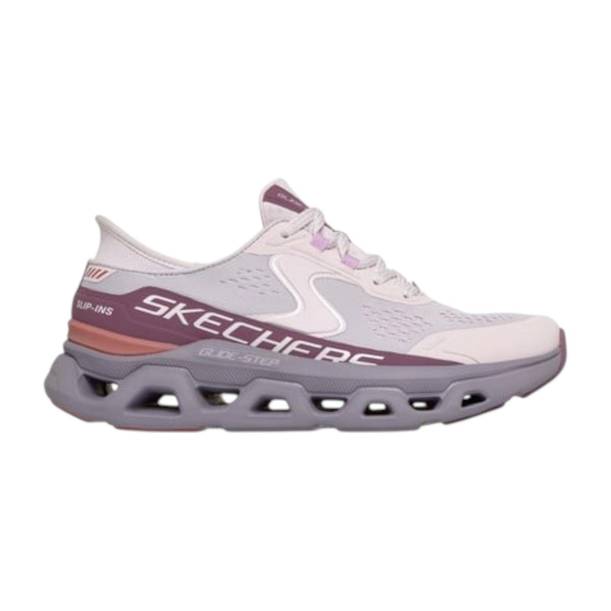FRG GLIDE-STEP ALTUS slip-in athletic sneaker in light grey and mauve with a chunky geometric cushioned sole