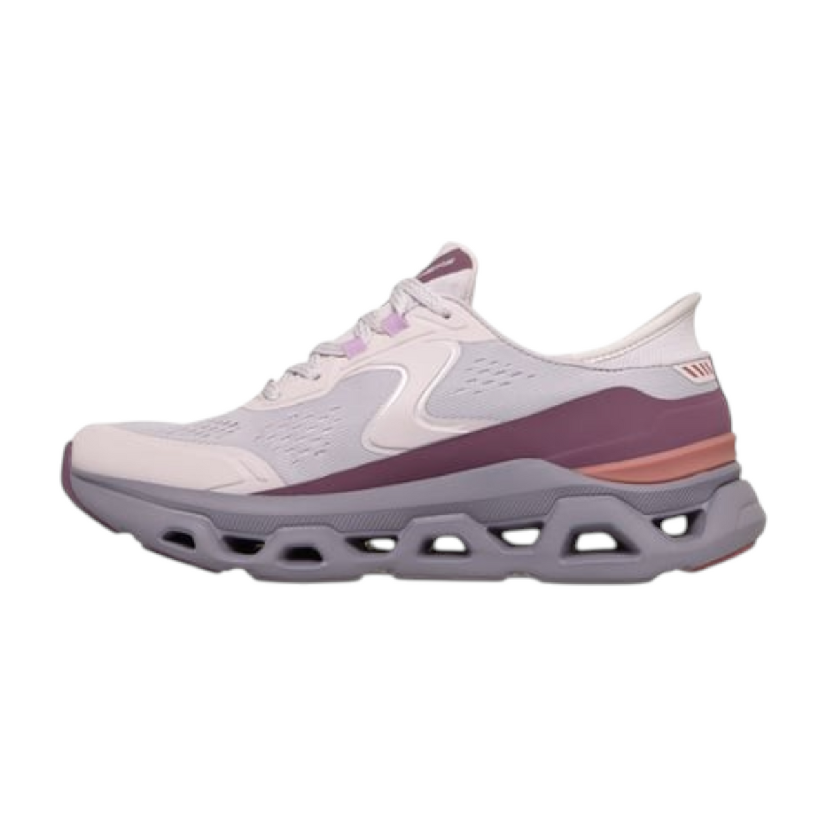 FRG GLIDE-STEP ALTUS women's athletic sneaker in light grey and mauve with a thick, cutout cushioned sole