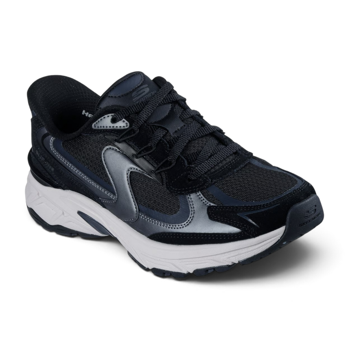 FRG Skechers Stamina Sport Metallic Muse black lace-up sneakers with metallic accents and a chunky white sole.