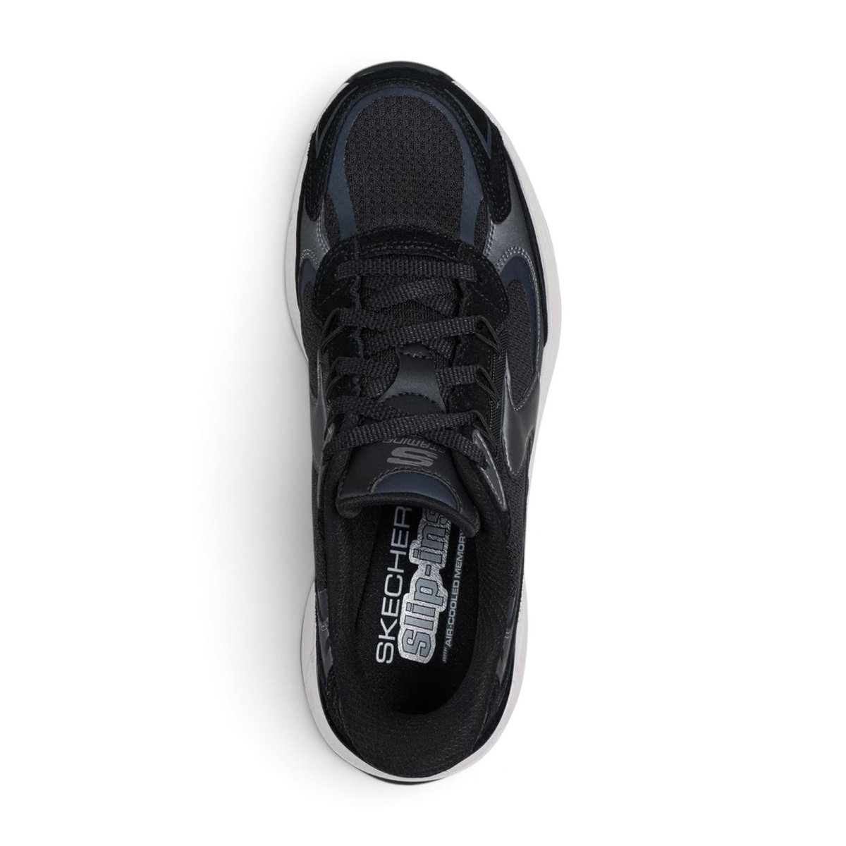 FRG Skechers Stamina Sport Metallic Muse black lace-up sneakers with metallic accents and cushioned insoles.