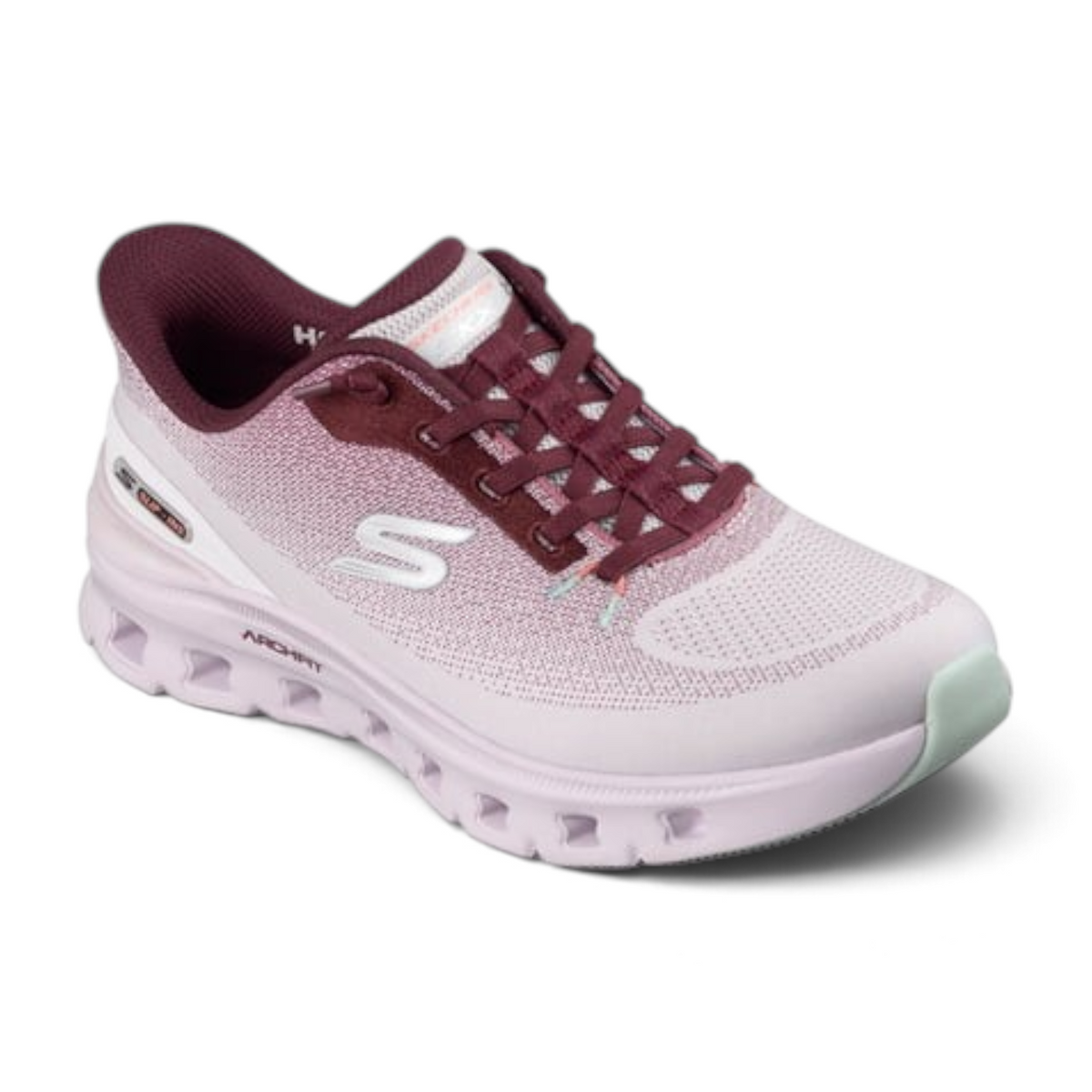 FRG ARCH FIT GLIDE-STEP PRO women's athletic sneaker in light pink and burgundy with cushioned sole and slip-in design
