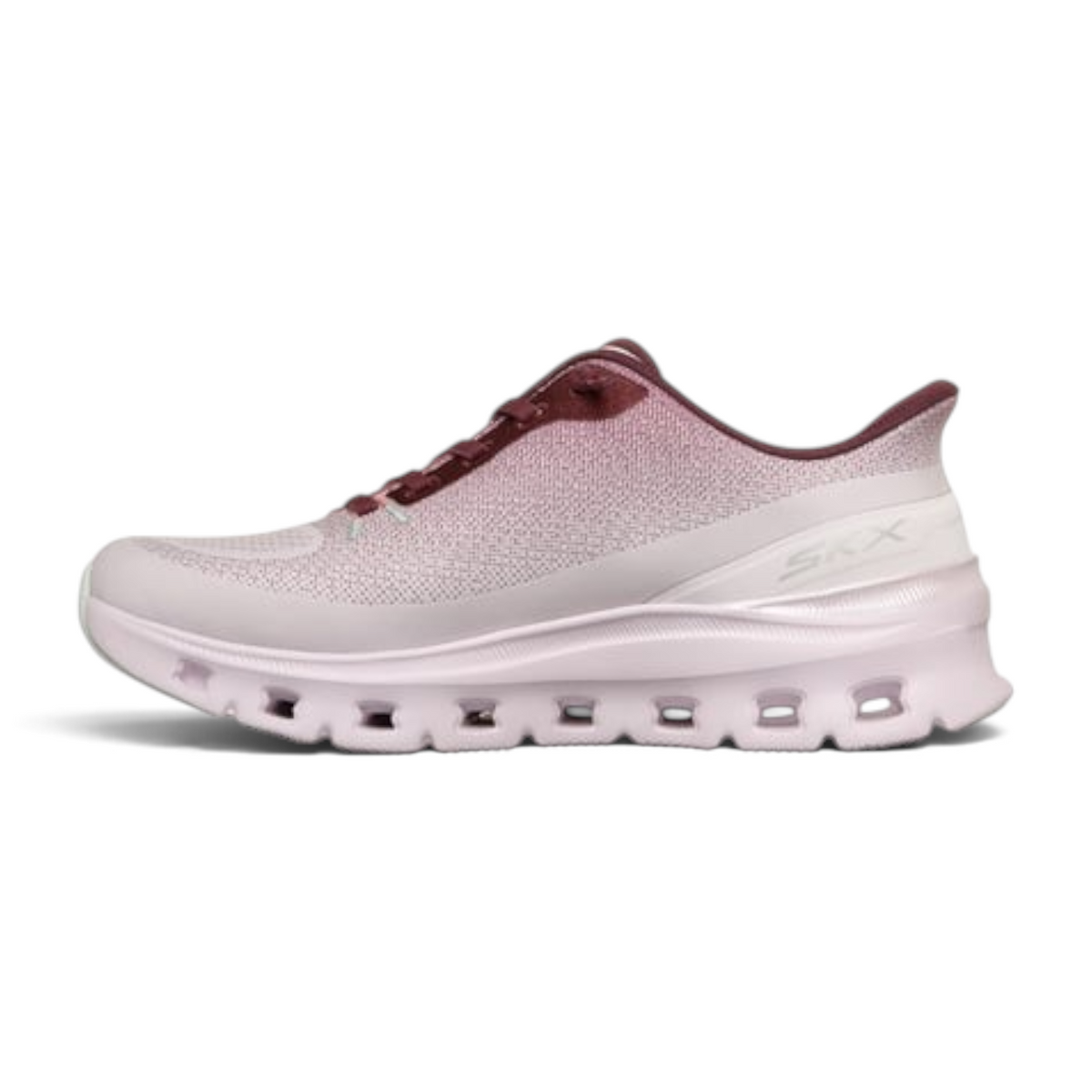 FRG ARCH FIT GLIDE-STEP PRO sneaker in light pink and burgundy with a cushioned, sculpted midsole and mesh upper.