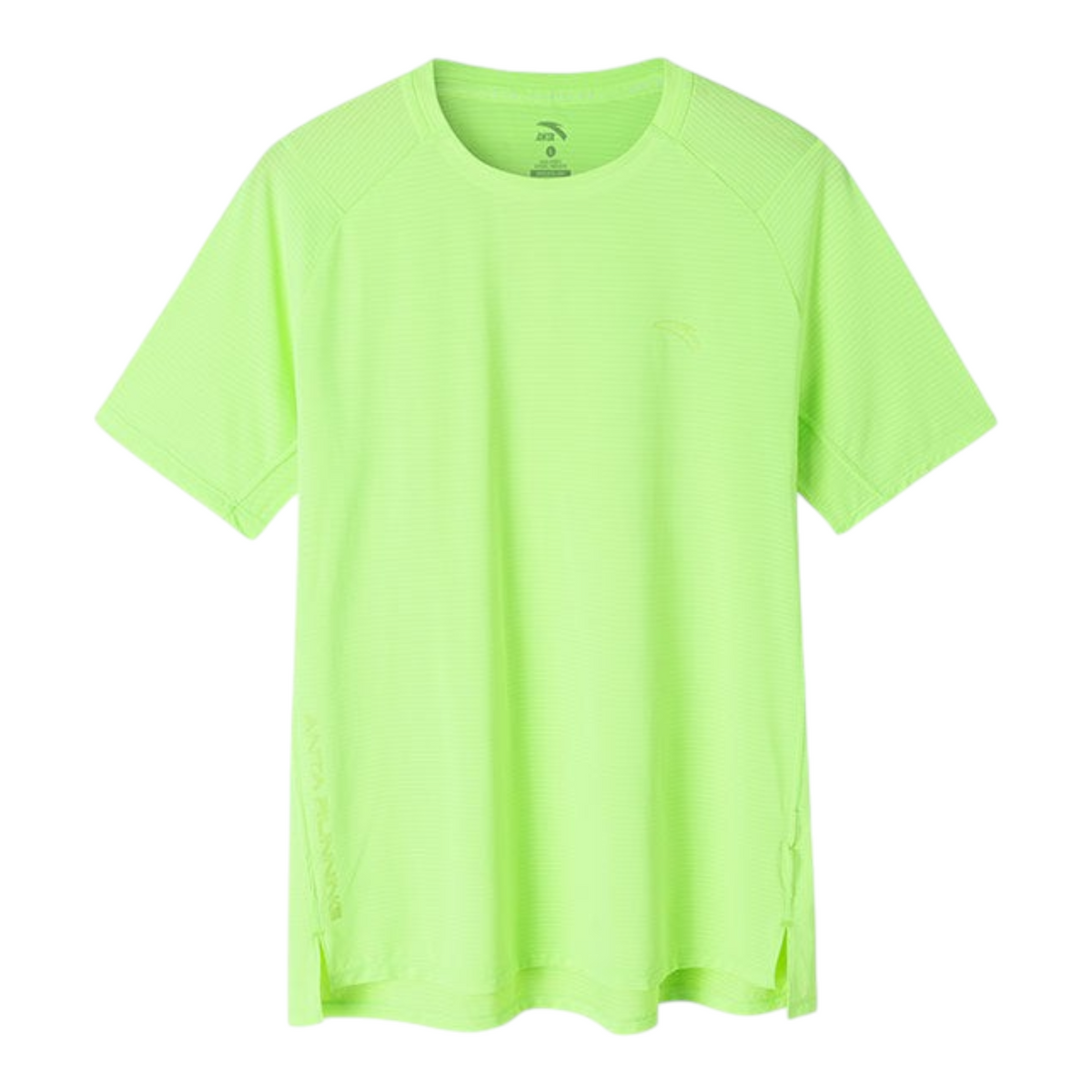 FRG ANTA Racing Challenges fluorescent green short sleeve running t-shirt with moisture-wicking A-DRY FAST fabric.
