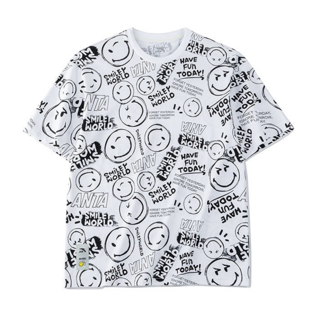 FRG white short sleeve t-shirt featuring an all-over black graphic print of smiley faces and motivational text.