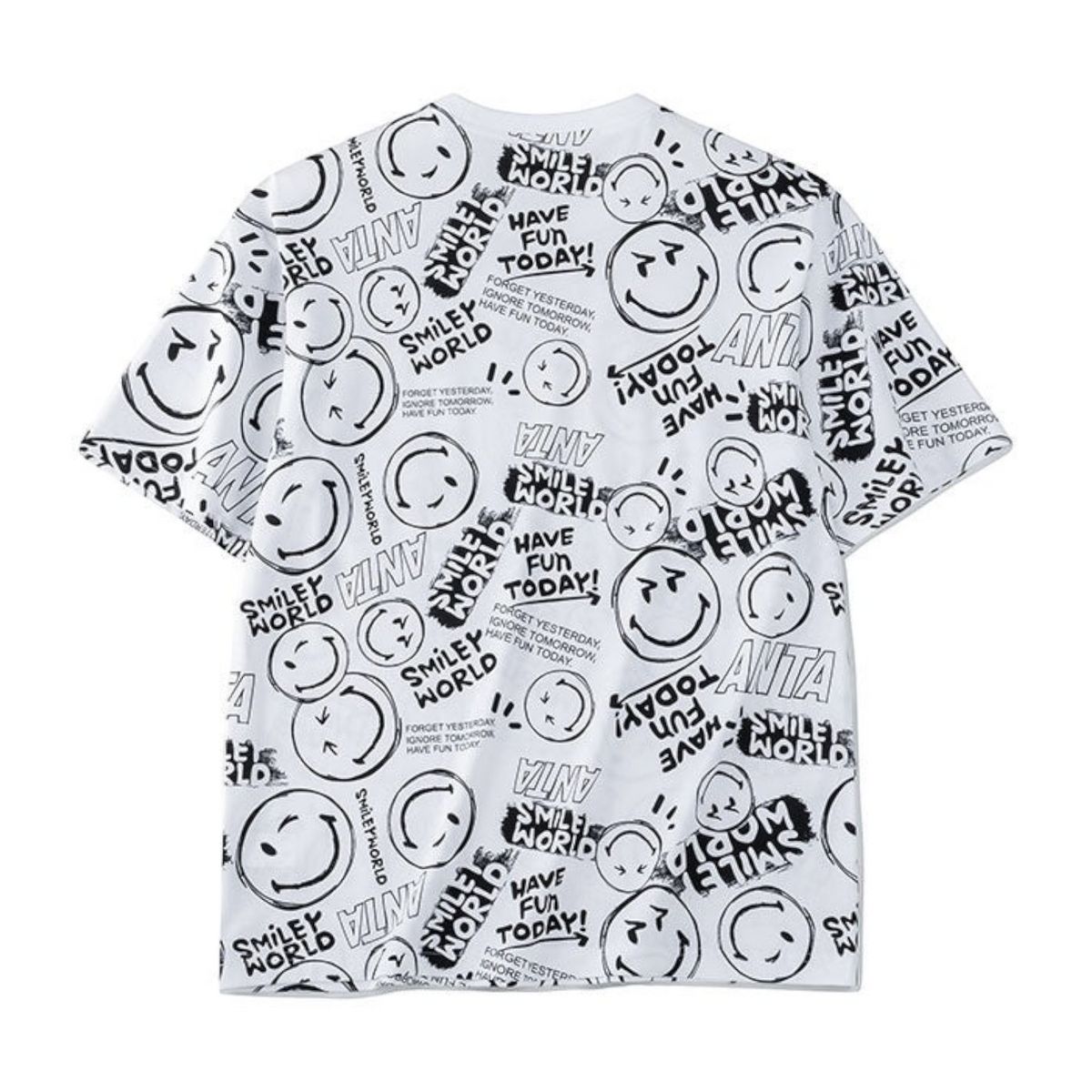 FRG short sleeve t-shirt in white featuring an all-over black graphic print of Smiley World logos and text.
