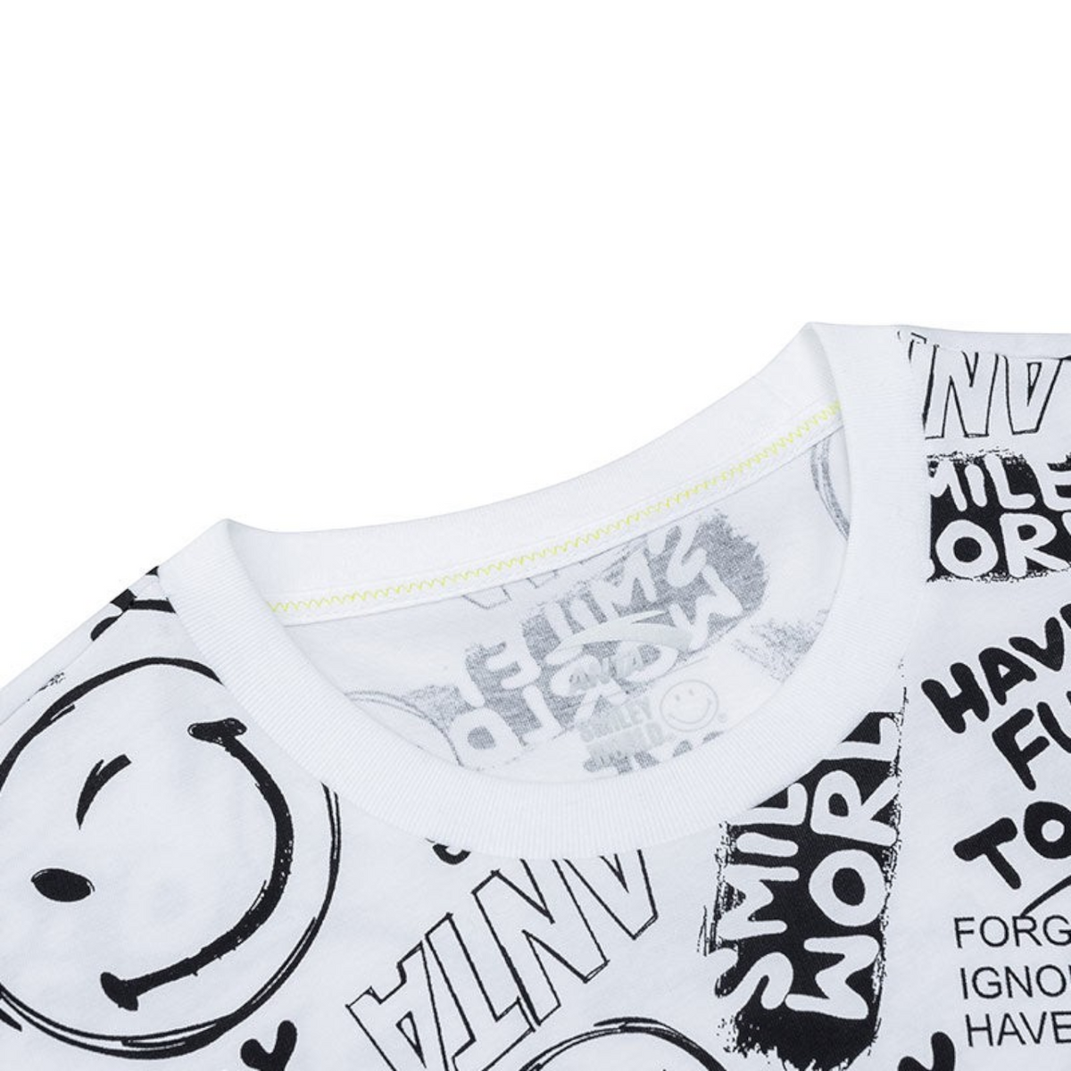 FRG white short sleeve t-shirt featuring a black graphic print of smiley faces and text on a crew neck collar