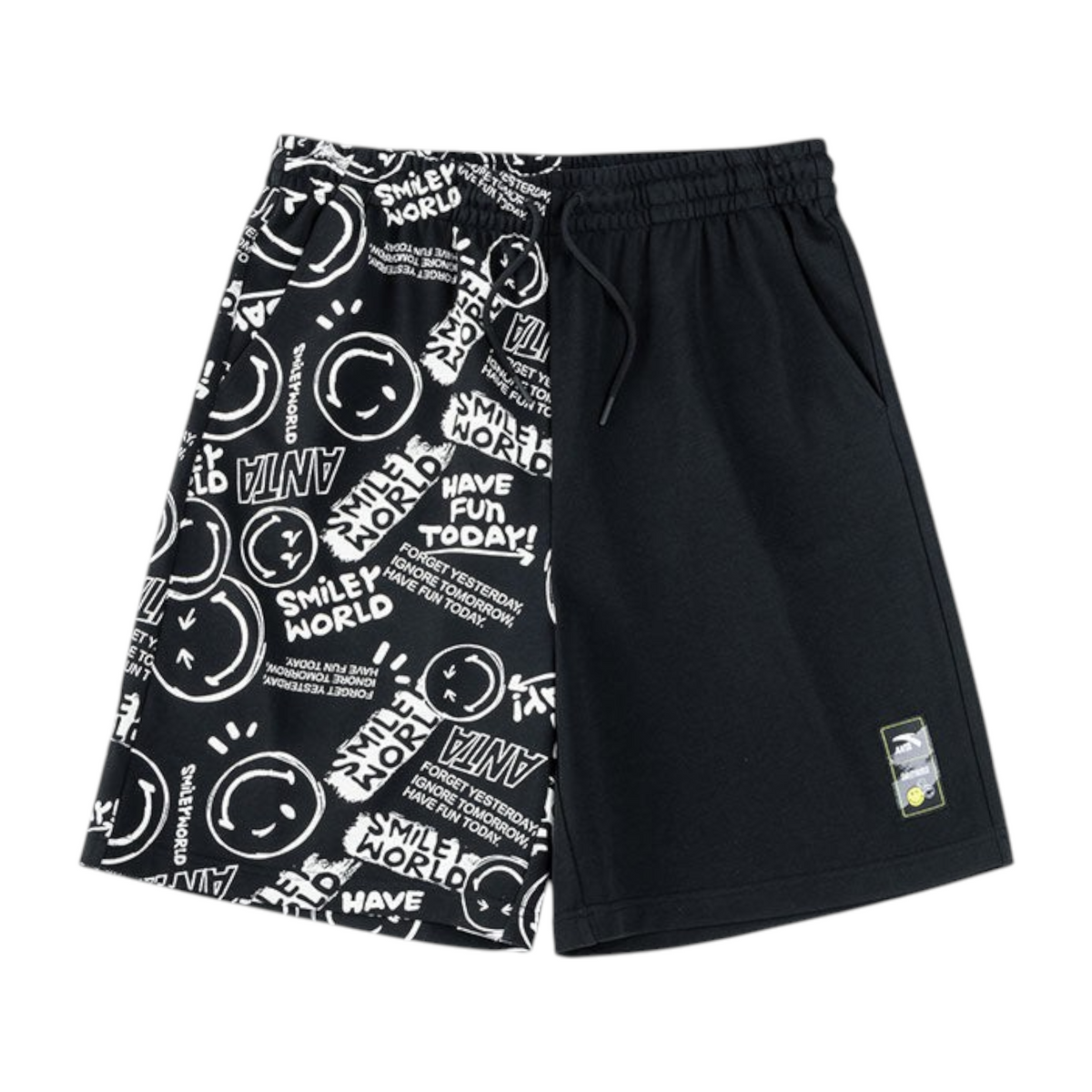 FRG ANTA black knit half pants featuring a split design with a graphic Smiley World print on one side.