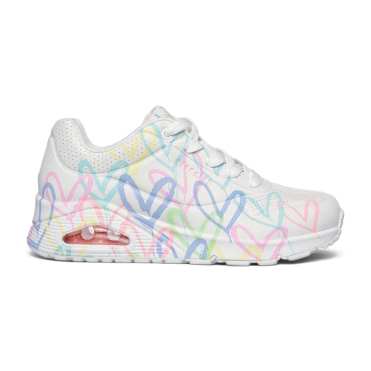FRG Skechers Uno platform sneaker in white with colorful JGoldcrown heart print and visible air-cushioned heel