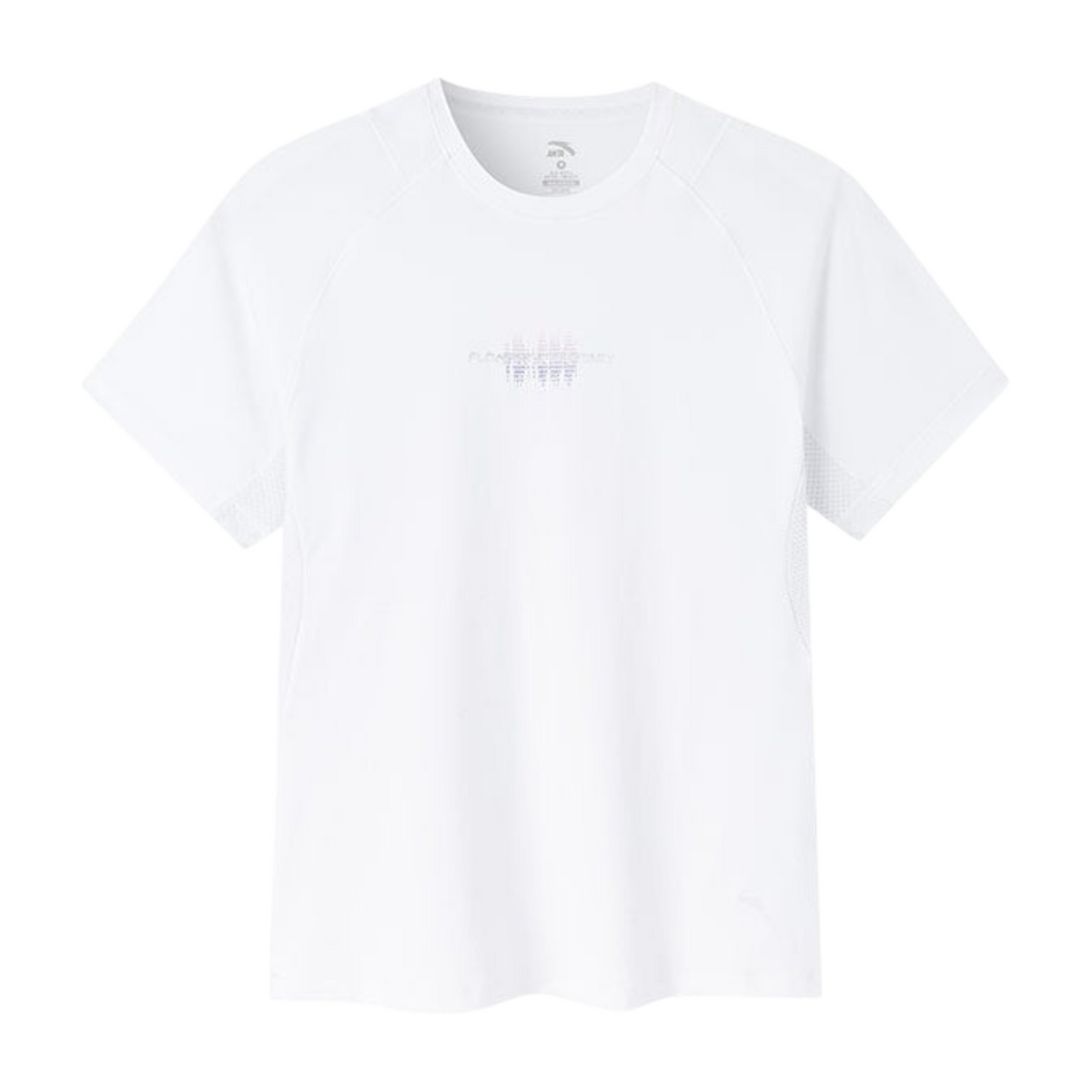 FRG white short sleeve athletic t-shirt with a subtle graphic print on the chest and mesh side panels