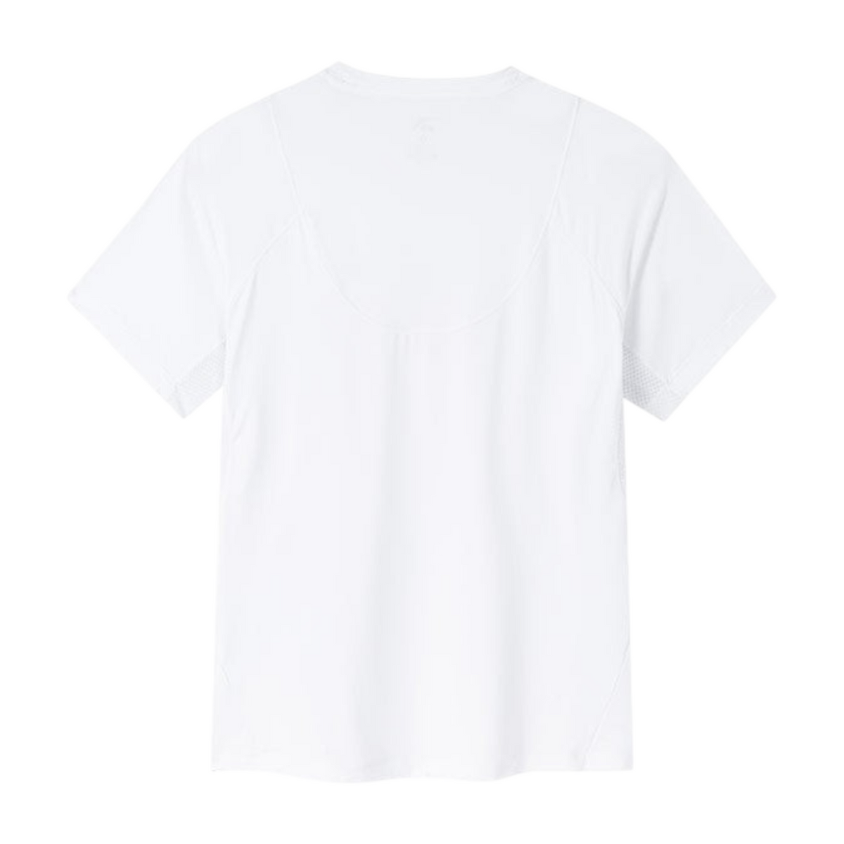 FRG white short sleeve athletic t-shirt with mesh panel details on the back view