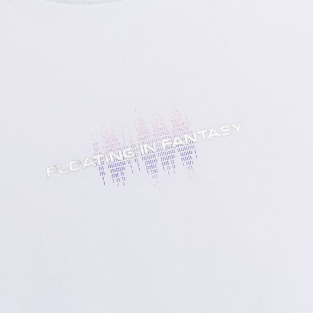 FRG white short sleeve t-shirt featuring a subtle Floating In Fantasy graphic print on the chest