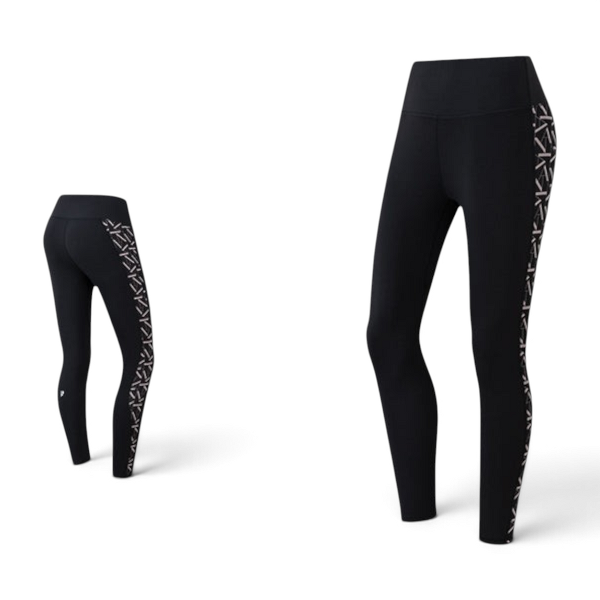 FRG ANTA black ankle-length cross training tights with patterned side panels shown from front and back views.