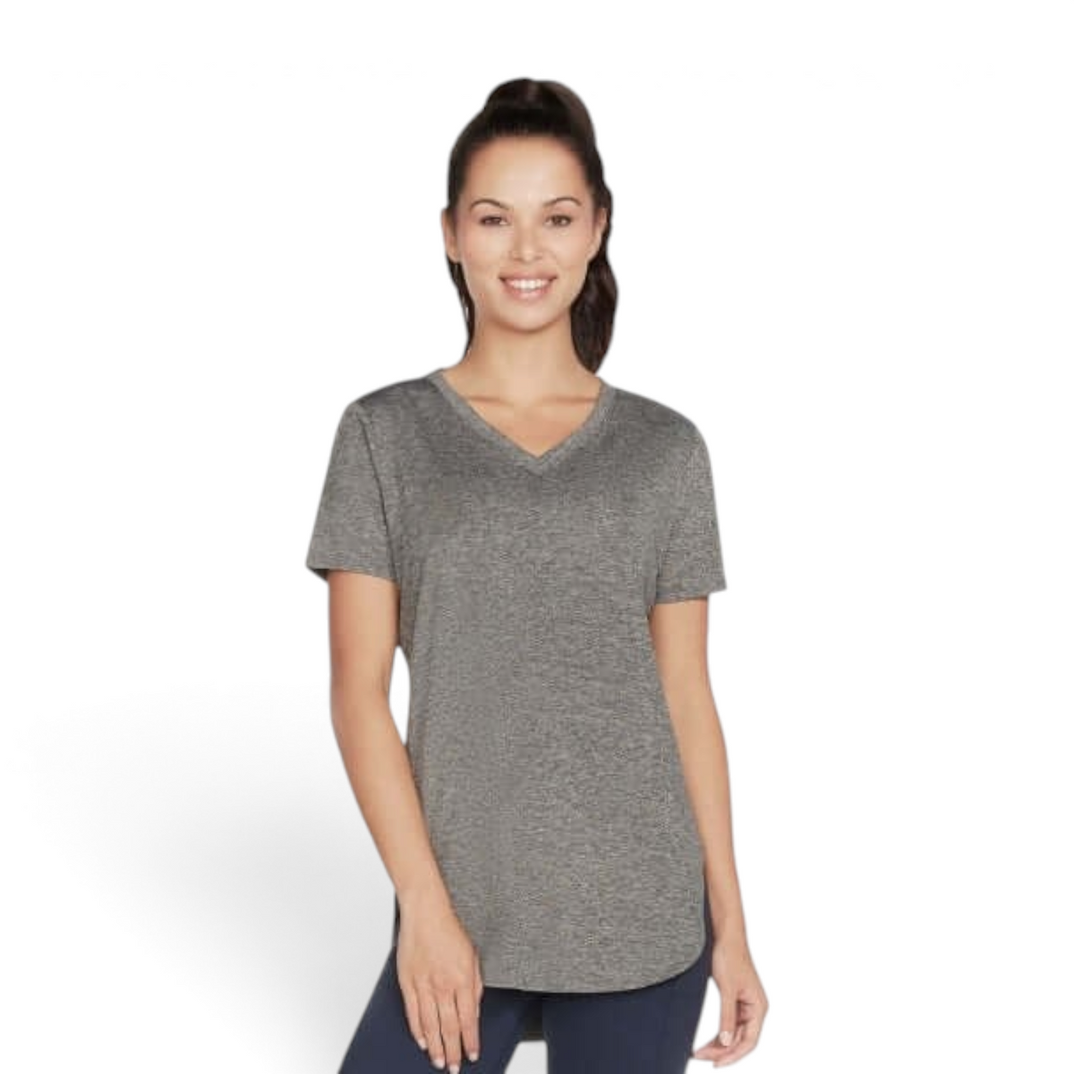 FRG Skechers women's black knit short sleeve v-neck tunic worn by a smiling model against a white background