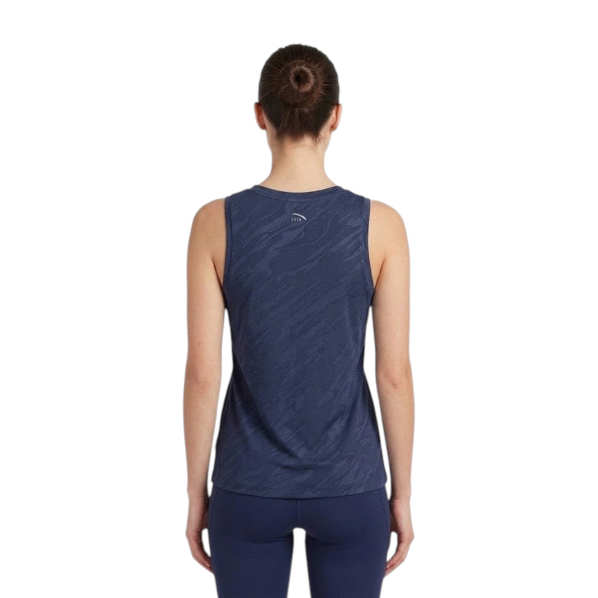 FRG ANTA women's heather purple sleeveless tank top with a crew neck and subtle tonal pattern, back view