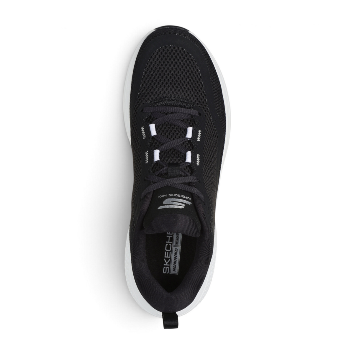 FRG GO RUN SUPERSONIC MAX black mesh running shoe with white sole, top-down view