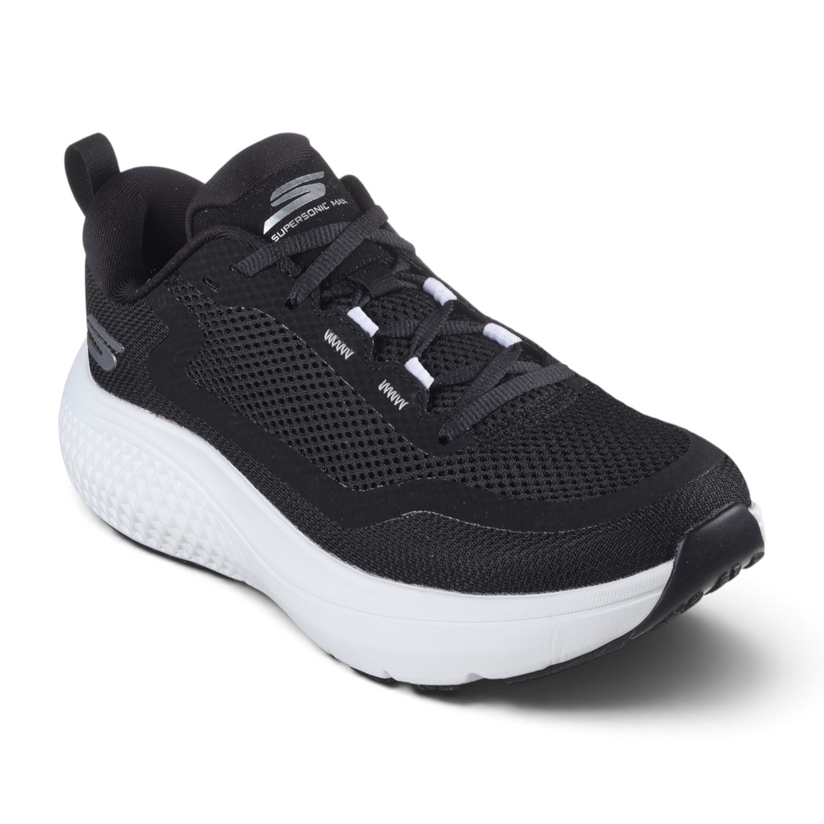 FRG GO RUN SUPERSONIC MAX running shoe in black mesh with a thick white cushioned midsole and lace-up closure