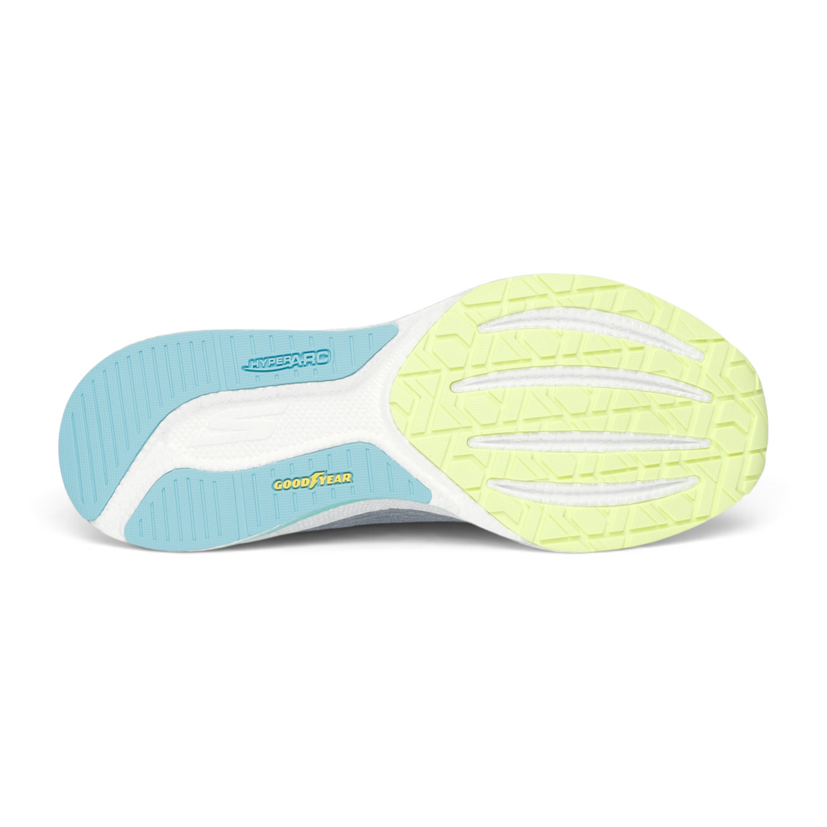 FRG Skechers GO RUN Razor 5 running shoe outsole with yellow Goodyear rubber and blue HYPER ARC cushioning