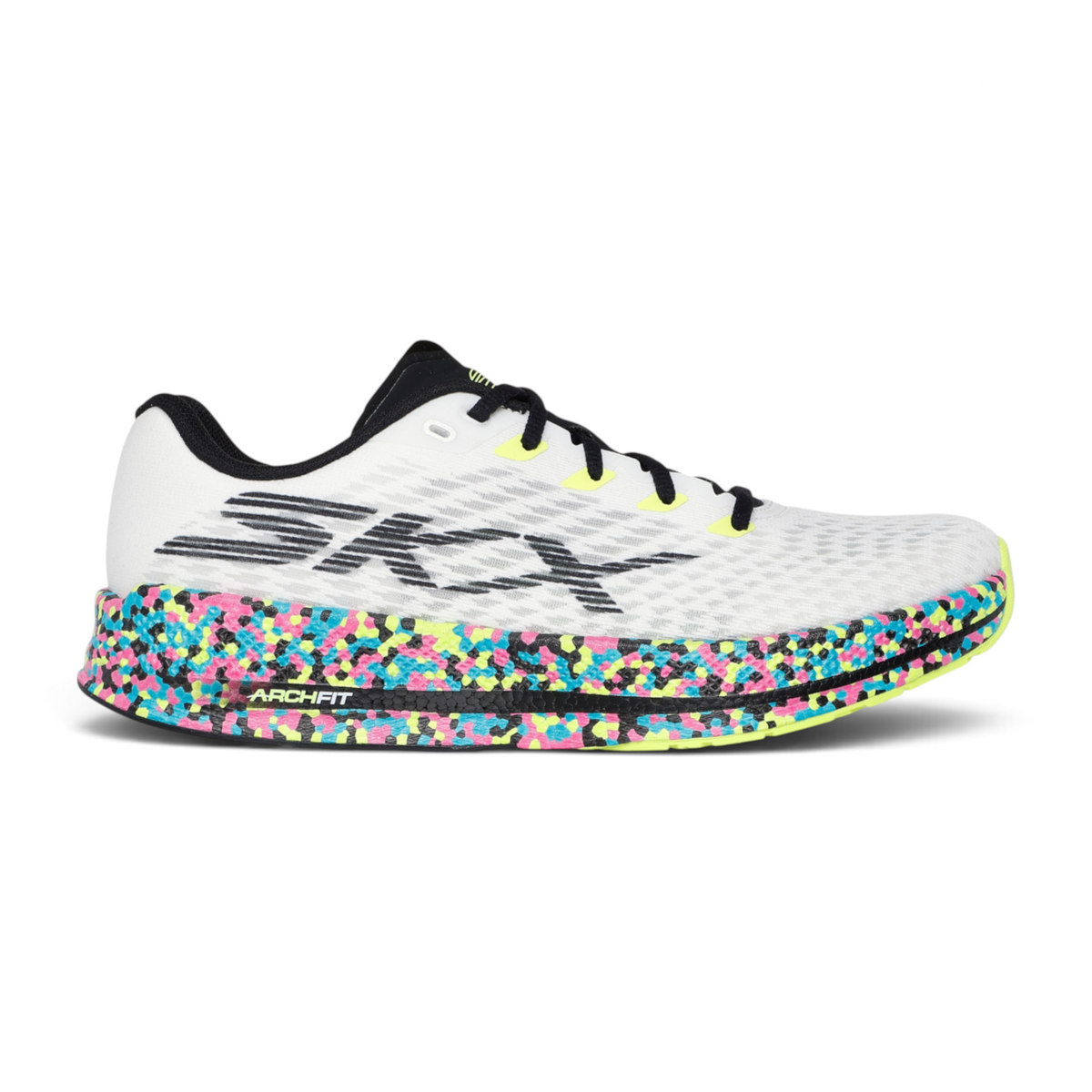 FRG Skechers GO RUN Razor 5 running shoe in white with a multi-colored speckled midsole and black logo detail.