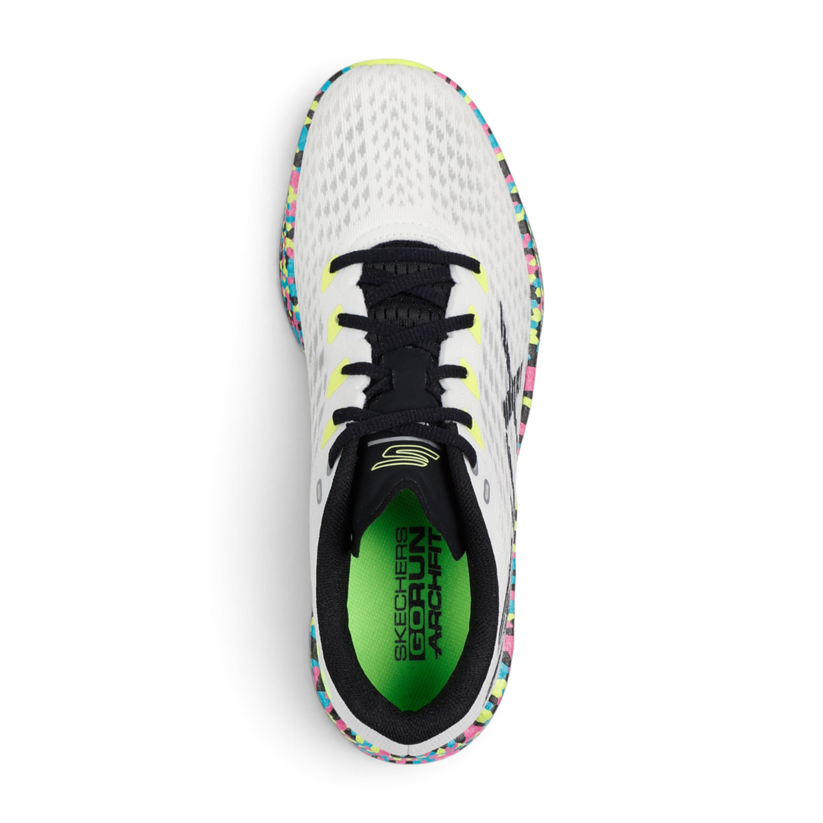 FRG Skechers GO RUN Razor 5 running shoe with white mesh upper, black laces, and colorful patterned midsole.