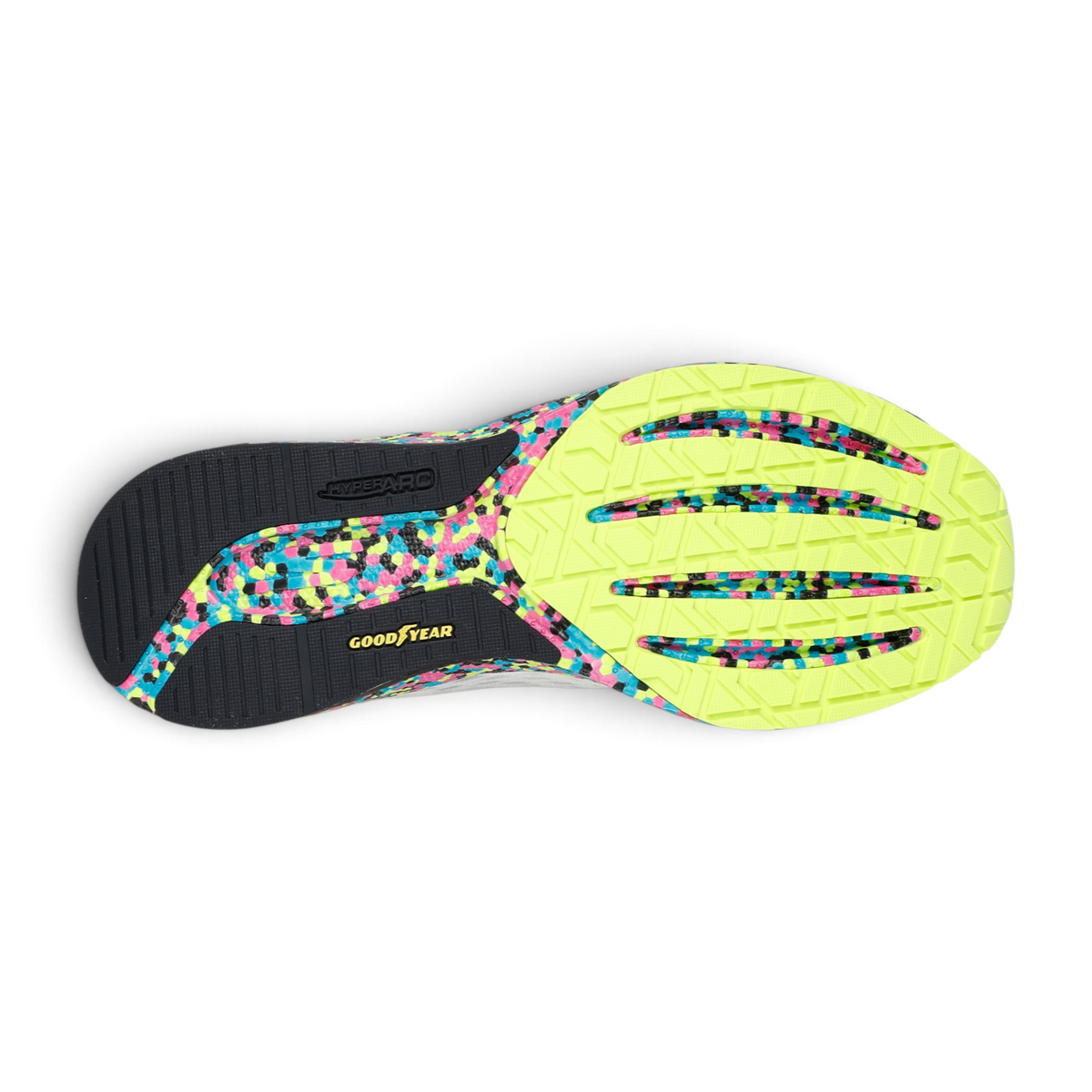 FRG Skechers GO RUN Razor 5 running shoe outsole featuring neon yellow, black, and multi-color speckled rubber tread.