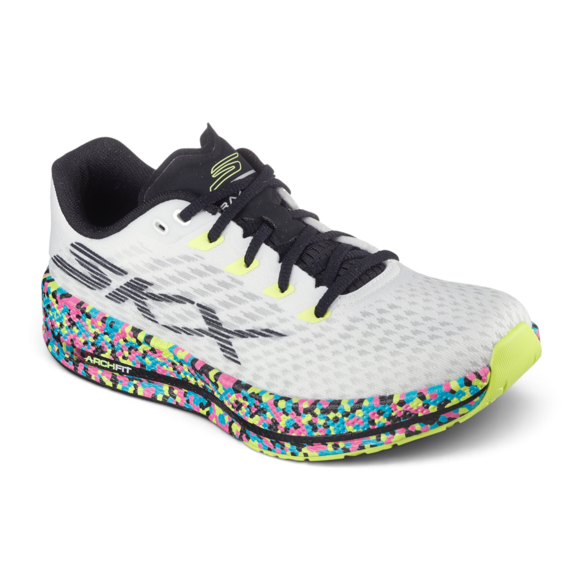 FRG Skechers GO RUN Razor 5 running shoe in white with a multi-colored speckled midsole and neon yellow accents.