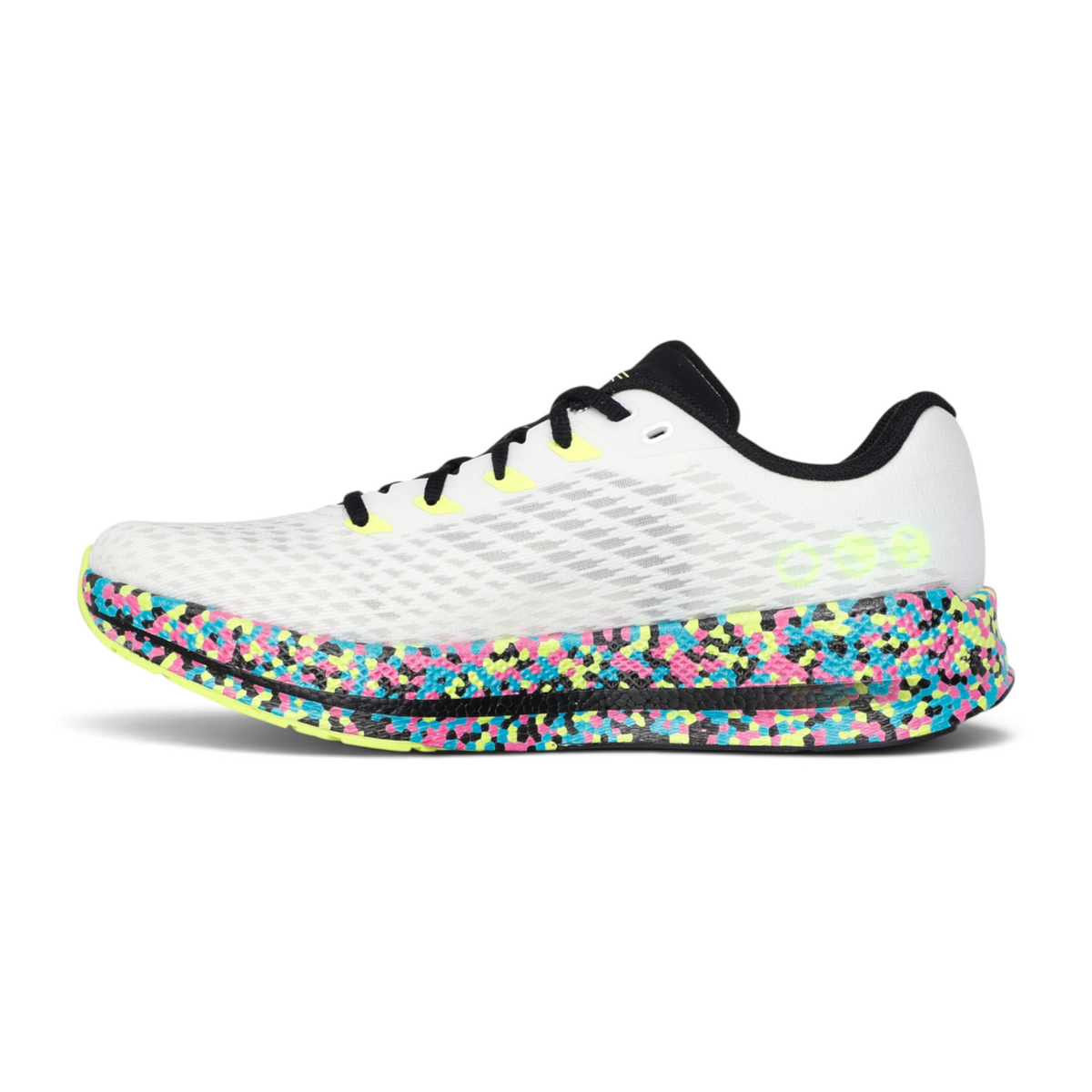 FRG Skechers GO RUN Razor 5 running shoe in white mesh with a vibrant multi-colored speckled HYPER BURST PRO midsole.
