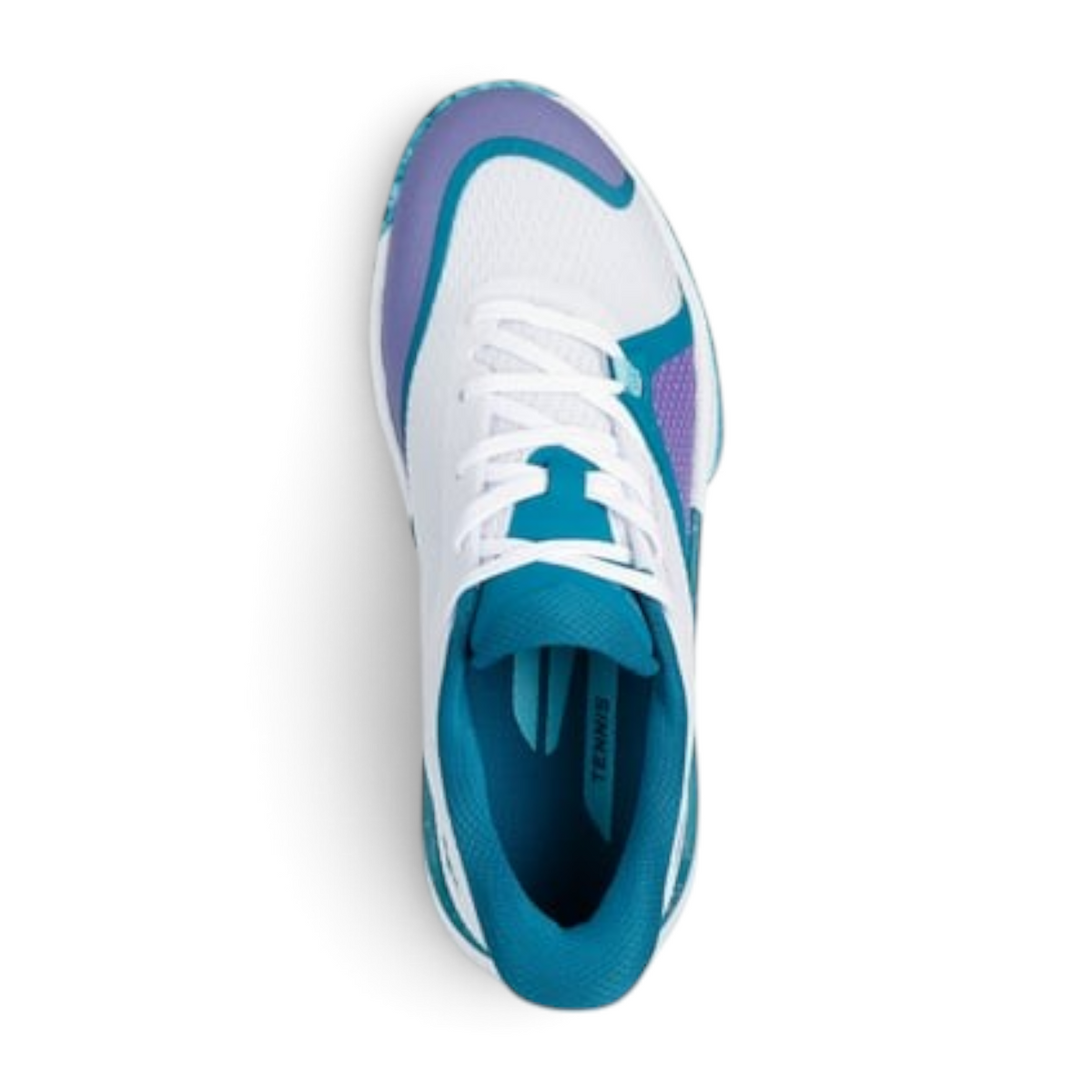 FRG Skechers Slip-ins State Champ tennis shoe in white with turquoise and purple accents, top-down view.